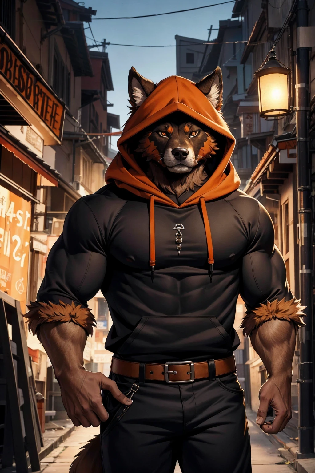 copperrtf, masterpiece, best quality, absurd res, by kiyosan, by null-ghost, furry, dog, male, muscular, solo, hoodie, pants, black pupils, black eyes, thick eyebrows, orange fur, brown fur, (scar on eye:0.9), looking at viewer, detailed fur, fluffy, tail, detailed background, alley, 