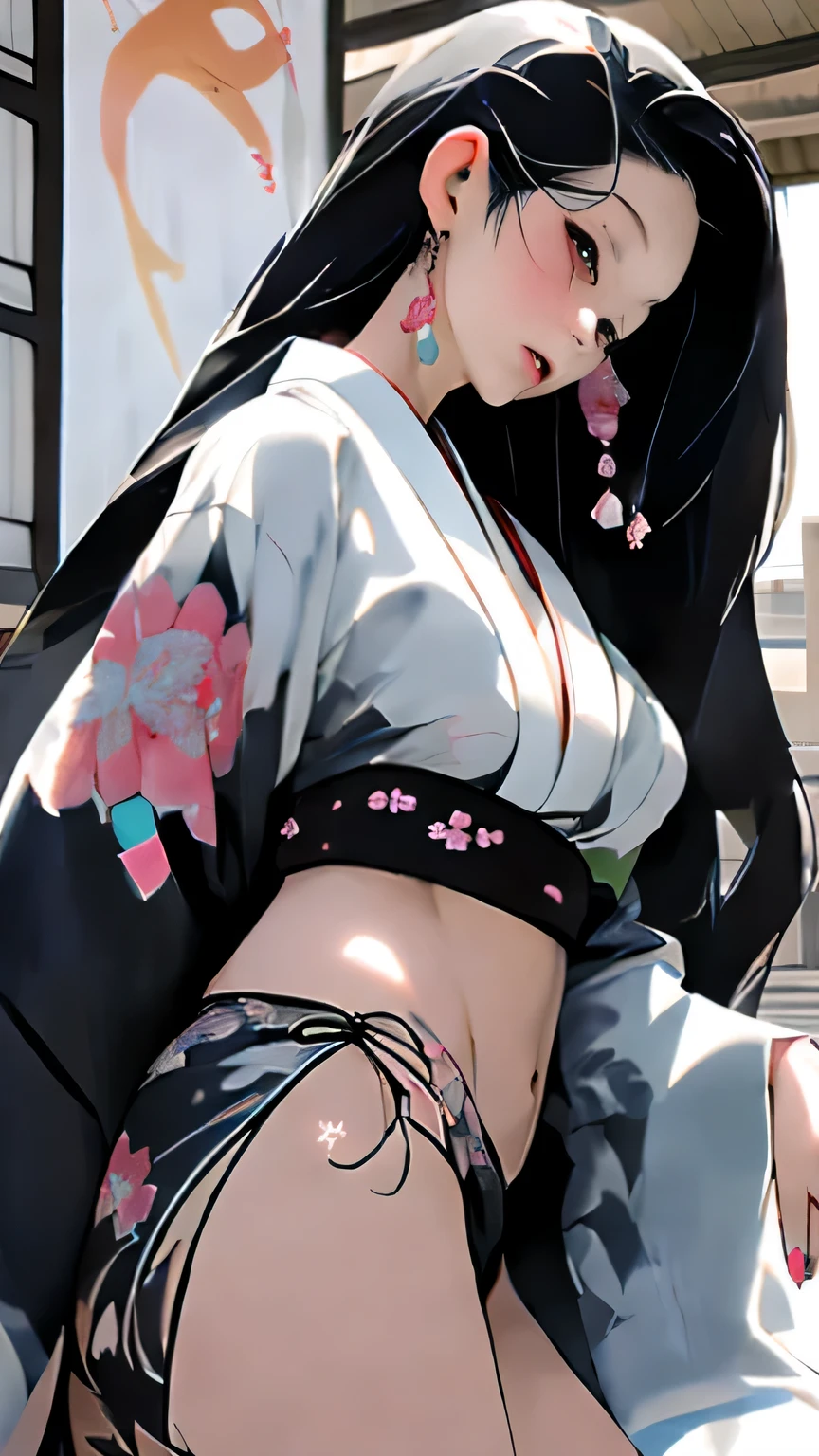 japanese 18 years old , tatuajes en el cuerpo, hermosa, rostro detallado, cuerpo completo, kimono, bikini negro pechos grandes, nalgas grandes, lasiva, mostrando el trasero