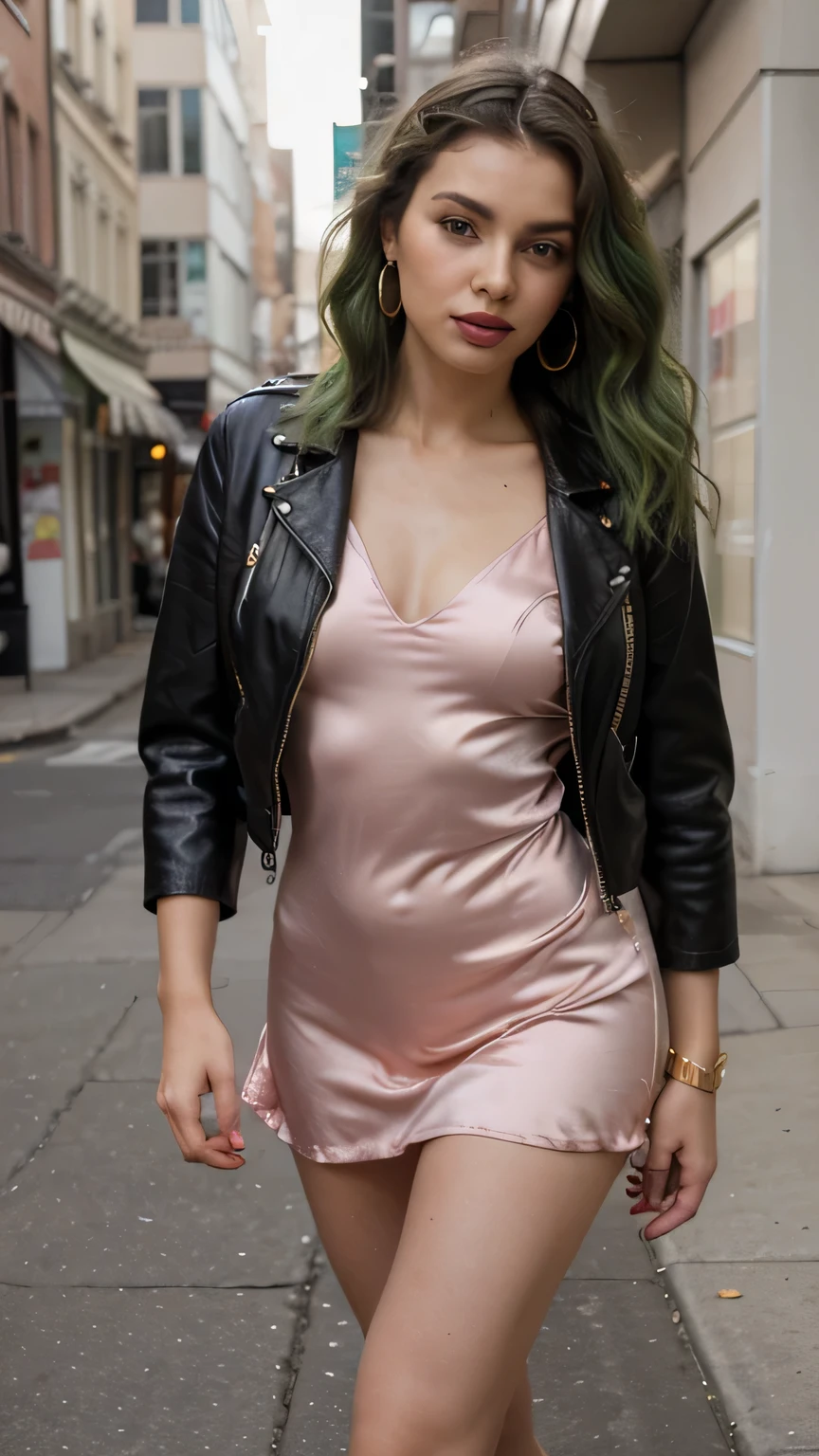 1girls, Nur, green Hair , 24 years old , She is posing in a pink satin dress, layered with a black leather jacket, black high-heeled boots, a small gold crossbody bag, and large gold hoop earrings. Her hair is half up, half down, styled in loose waves, while her makeup is bold with red lipstick.