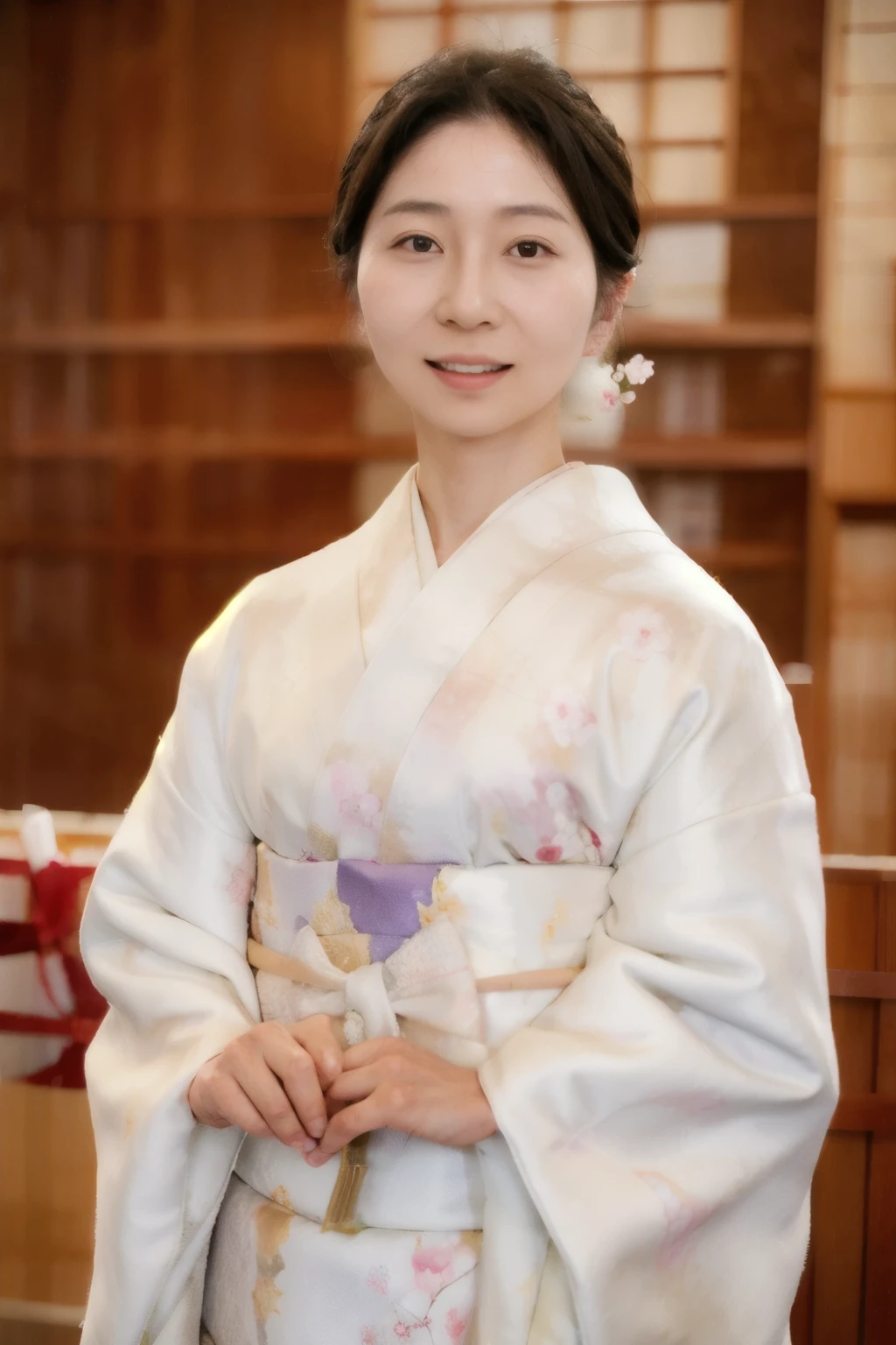 NSFW, ((Best quality)), ((8K)), ((Masterpiece: 1.3)), (Perfect appearance), (Photorealism: 1.2), ((Woman in Japanese clothes)),

Japanese woman, (55 years old), married woman, realistic skin texture, fine lines all over the skin, dullness, lack of moisture, wrinkles on the face, wrinkles at the corners of the eyes, double eyelids, tear bags on the lower eyelids, crying moles, Her lips are thinly parted, the corners of her mouth are raised in a gentle smile, dimples, medium-long hair, (kimono with a cherry blossom pattern on a pale purple background),, (white tabi), (zori), ((full body)),