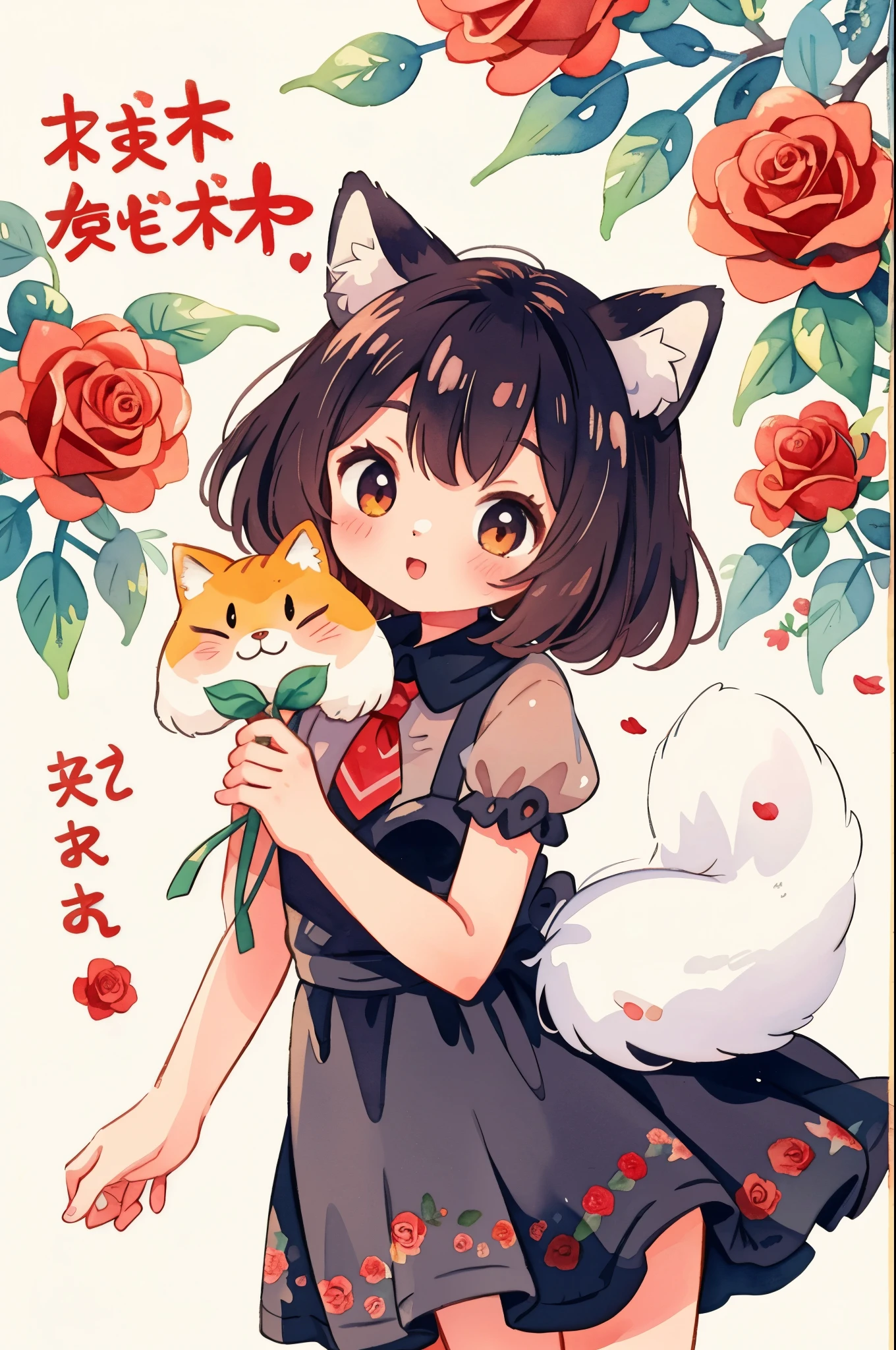 cover page, marriage information magazine, Watercolor elements, 1girl, kemono, furry, detailed body fur, animal face, animal hand, cute girl holding a red rose and looking at viewer,