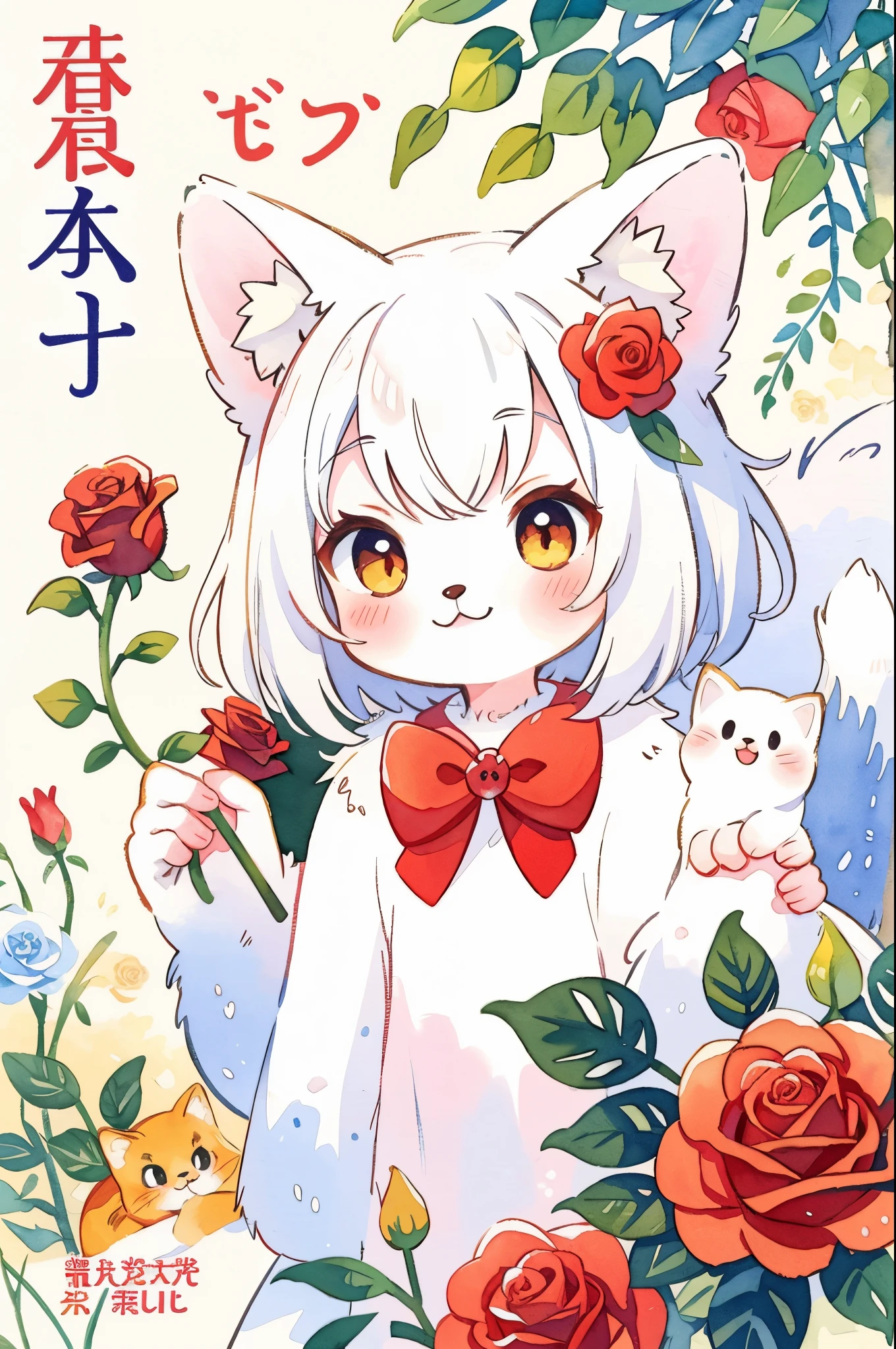cover page, marriage information magazine, Watercolor elements, 1girl, kemono, furry, detailed body fur, animal face, animal hand, cute girl holding a red rose and looking at viewer,