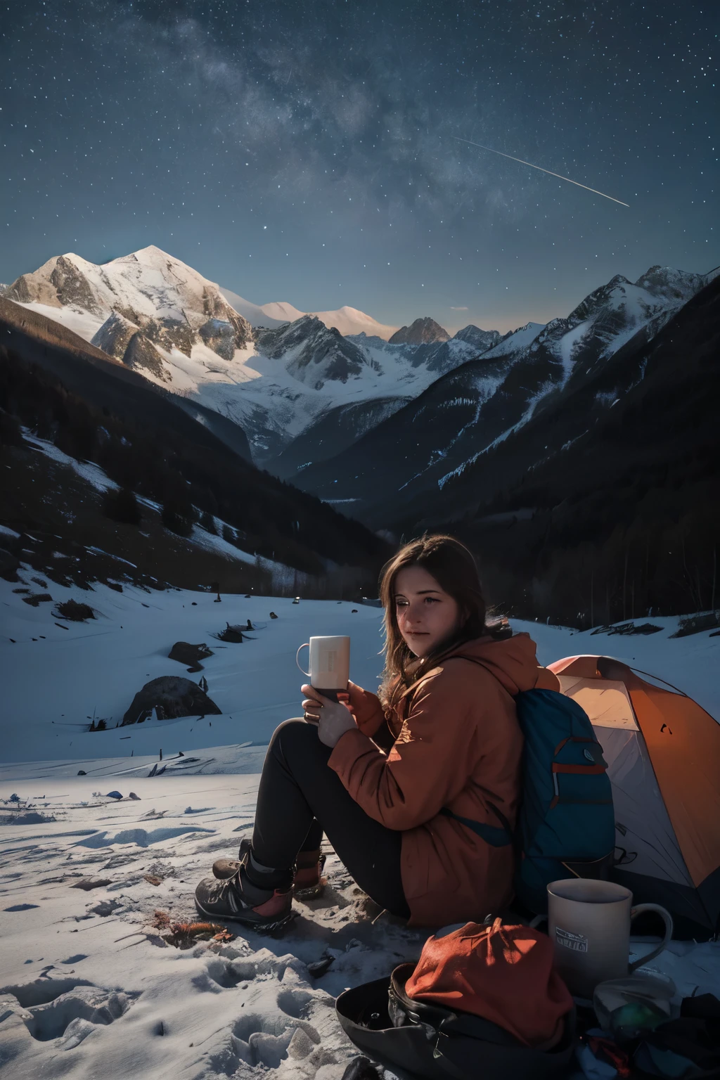 a photo of a girl in the mountains. she is sitting by the campfire with a mug of hot tea that she holds with both hands and looks at the camera, the mountains rise from behind, next to a small tent, a climbing backpack, a starry sky. Snow, alps, mountaineering is ultra realistic