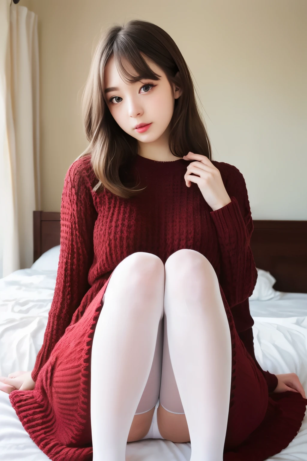 ulzzang-6500-v1.1,(Raw photo:1.2), (Photoreal), (genuine:1.4), ((muste piece)),(very realistic, High resolution, detailed face, fine eyes), Realistic college girl in kashkul knit dress、popular hairstyles、Wearing ultra-realistic pantyhose、lying on the bed、