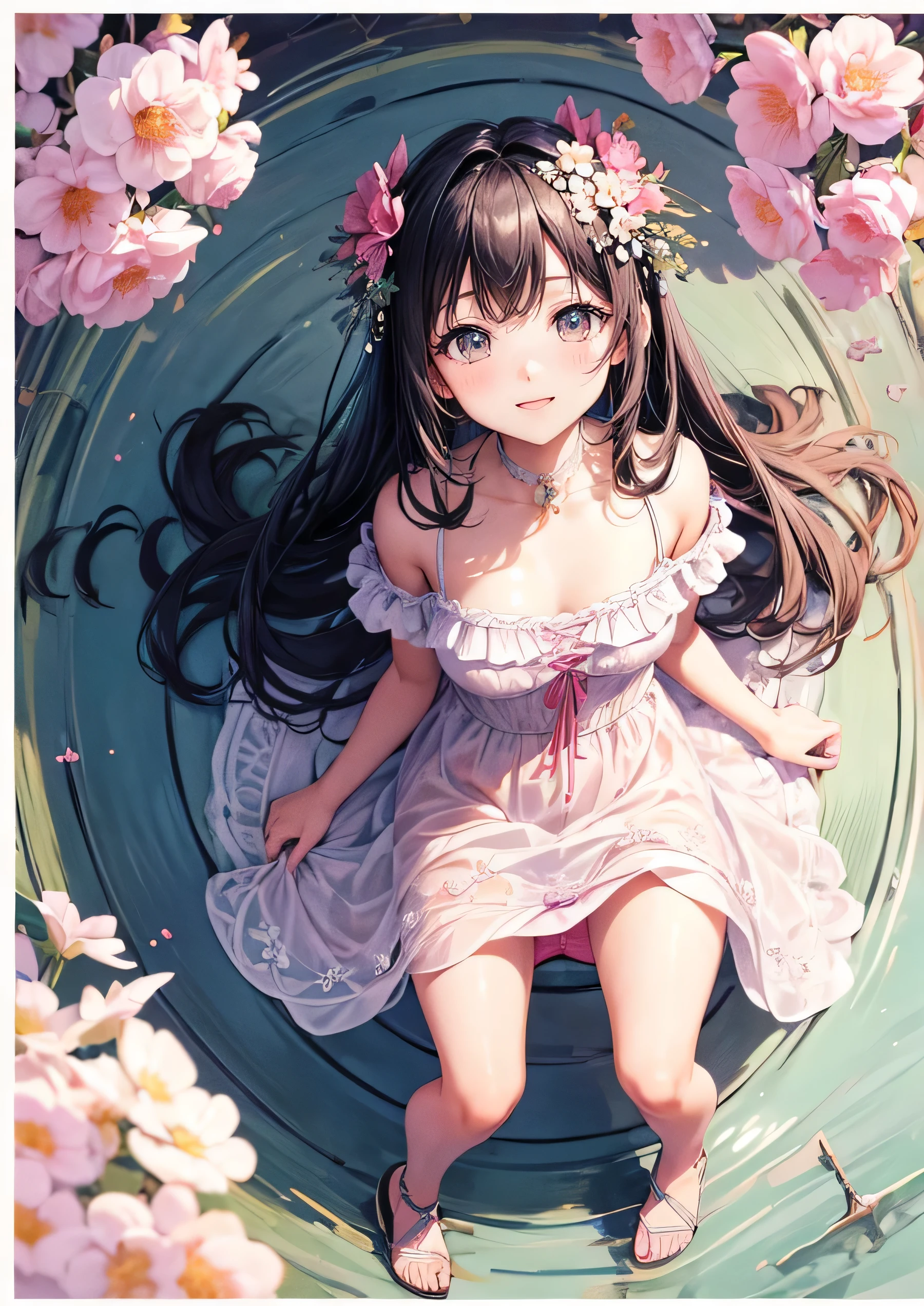 (highest quality:1.5),(high resolution:1.5),(Ultra fine:1.5),(masterpiece:1.5),(insanely detailed:1.2),8K,highres,1 girl、、beautiful girl、cute、、Chibi、small breasts、black hair、long hair、spring、flower garden、nature、blue sky、white floral dress、sandals、panty shot、Panty shot、nsfw:1.3,looking at the viewer、smile、On your back、legs spread:1.3、hair ornaments、pink panties,from above,cowboy shot