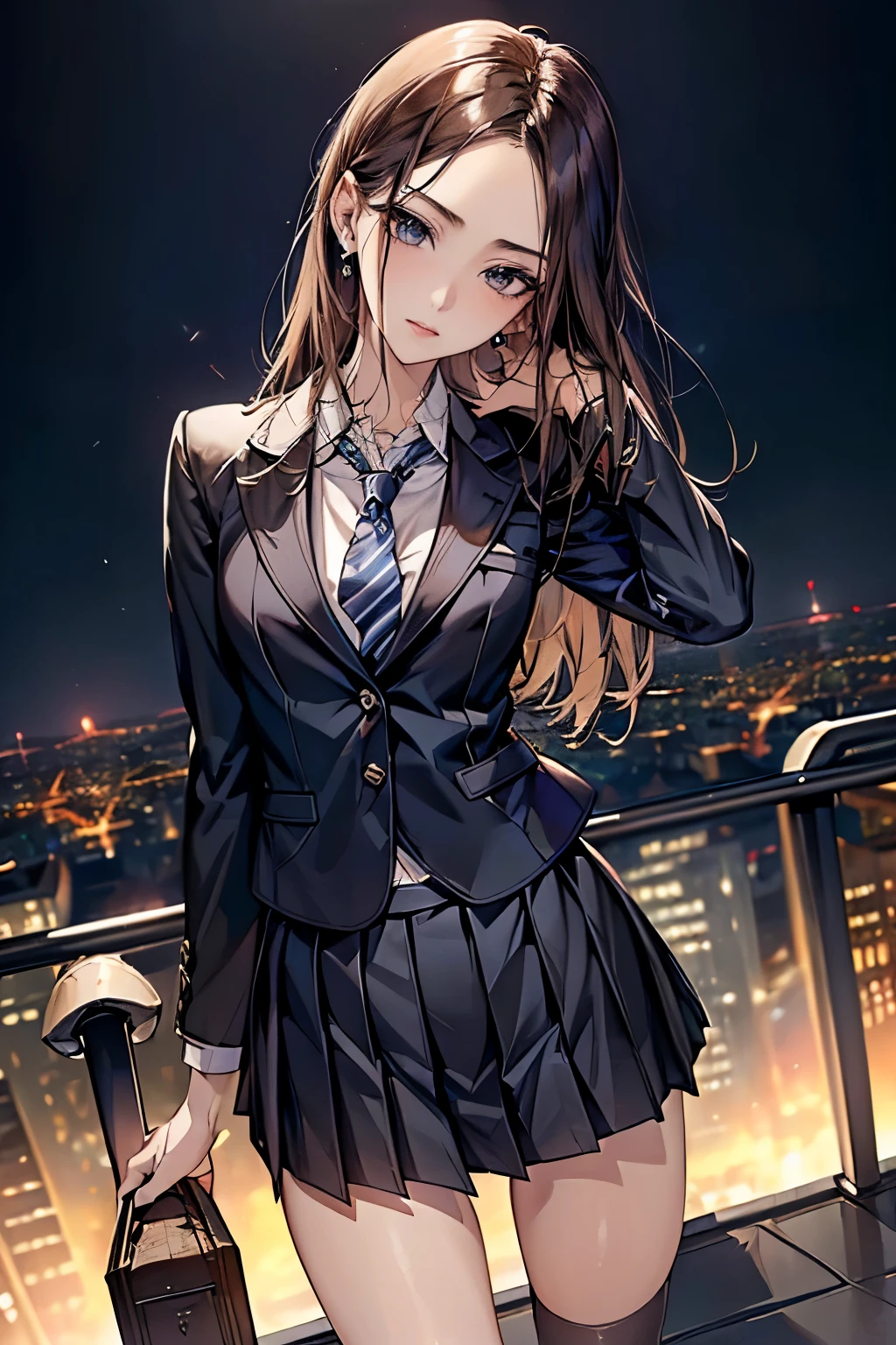 ((Biologically correct number of limbs))、(( Full body photo including face))、4K、((standing position))、masterpiece、((focus on the face))、((Symmetrical facial features))、Eyes with detailed description、Beautiful woman、outstanding style、beautiful clavicle、beautiful legs、beautiful hands、slender body、(small ass、thin thighs)、(Striped stockings、high heels)、Detailed depiction of faces、small earrings、necklace、(upper body blazer、shirt、(block pleated skirt))、sideways glance、tie、cityscape at night、fantastic background、Low - Angle