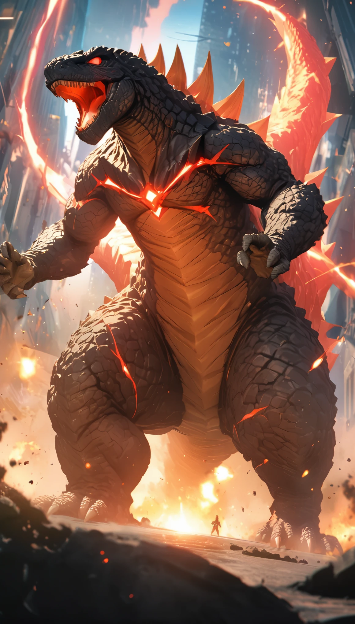 Flat coating，Godzilla in space，Energizing，red glowing dorsal fin，Glowing special effects，8k，masterpiece，high quality