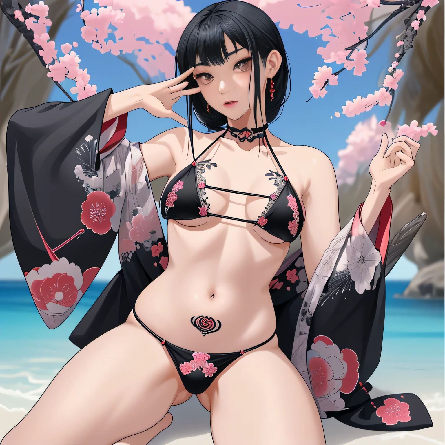 japanese 18 years old , tatuajes en el cuerpo, hermosa, rostro detallado, cuerpo completo, kimono, bikini negro, pechos grandes, nalgas grandes, lasiva, exhibiendo su trasero
