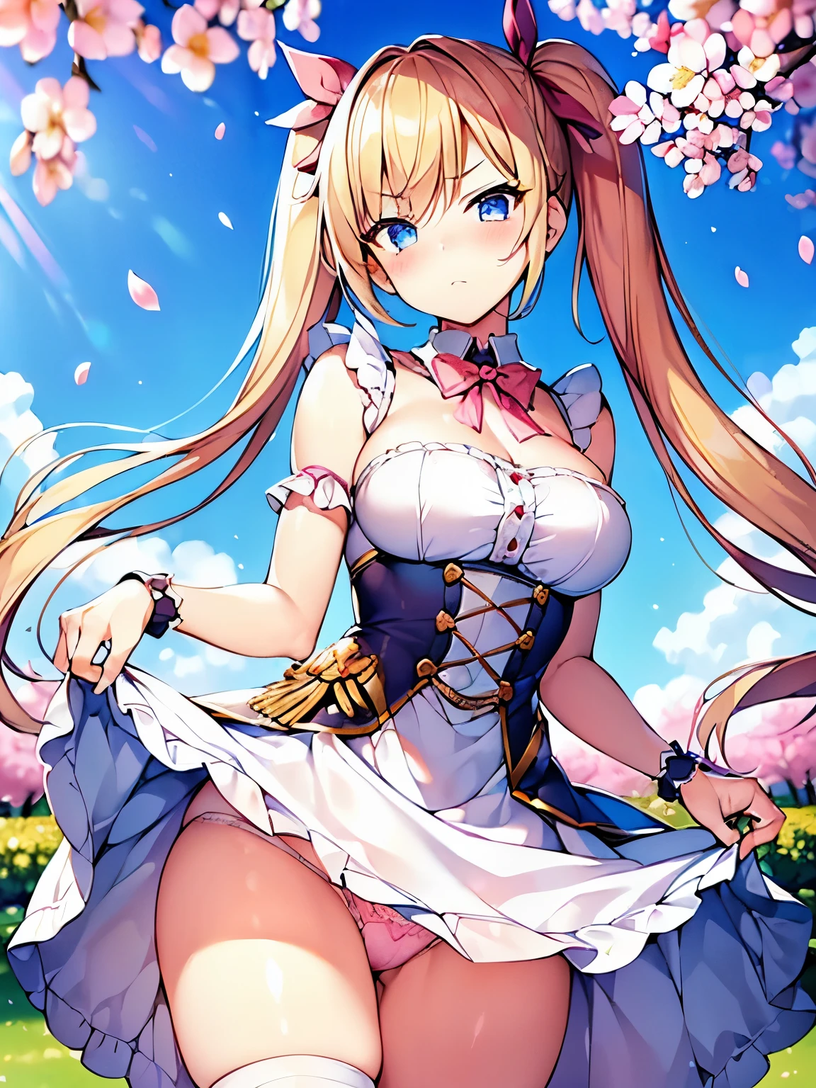 masterpiece,((highest quality)),8k wallpaper,accurate expression,((very detailed explanation)). ((female 1)),20-year-old,super beautiful,((fine facial details)),perfect anatomy,correct anatomy,perfect face,perfect arms,,perfect fingers,perfect waist,perfect thighs,twin tails,beautiful blonde,view audience,I see the camera flash,light blue eyes,((anger:1.)),((embarrassing 1.1)),((The facial parts are also detailed..)),((blush:1.5)),Wear a white blouse with frills on the collar,wearing a purple corset,maid cosplay,white miniskirt with white ruffles,((raise the hem of the skirt)),((Show off your panties to your audience)),((showing off pink lace panties)),white stockings,((75 degree angle from bottom)),close up shot,french model. The background is a cherry tree,spring,noon,The wind is blowing,Many cherry blossom petals are falling,wonderful.