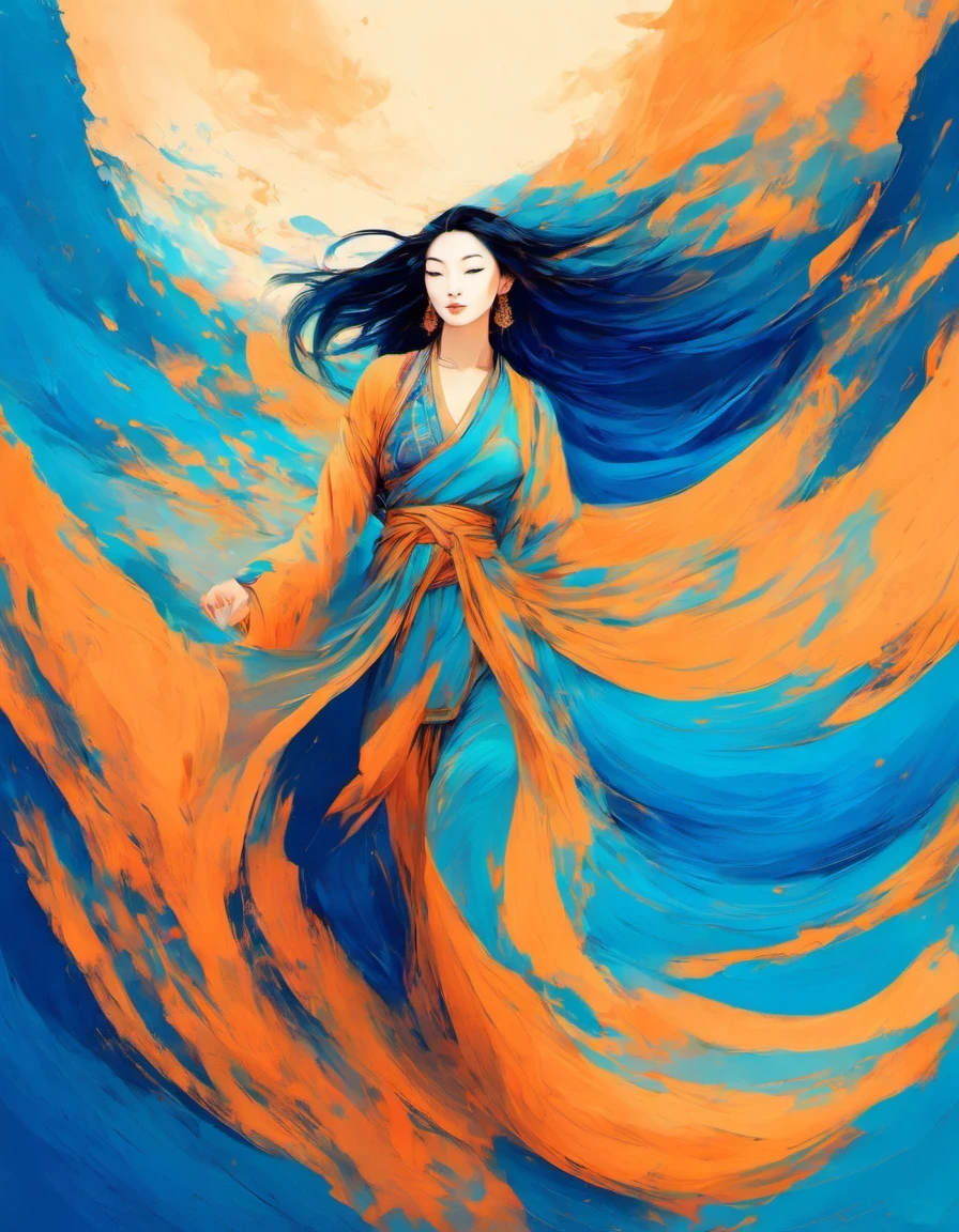 girl,Scriptures,Dunhuang art style illustration,Dunhuang art style,zen,Zen,gradient blue color, blue and orange,fluid movements ,Smooth movement,Show the smoothness of the picture,