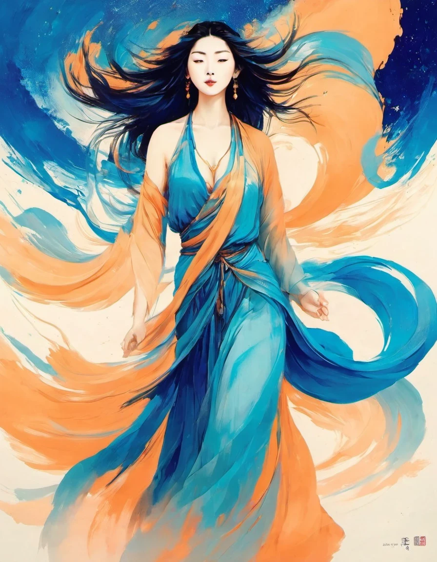 girl，Scriptures，Dunhuang art style illustration，Dunhuang art style，zen，Zen，gradient blue color, blue and orange，fluid movements ，Smooth movement，Show the smoothness of the picture，