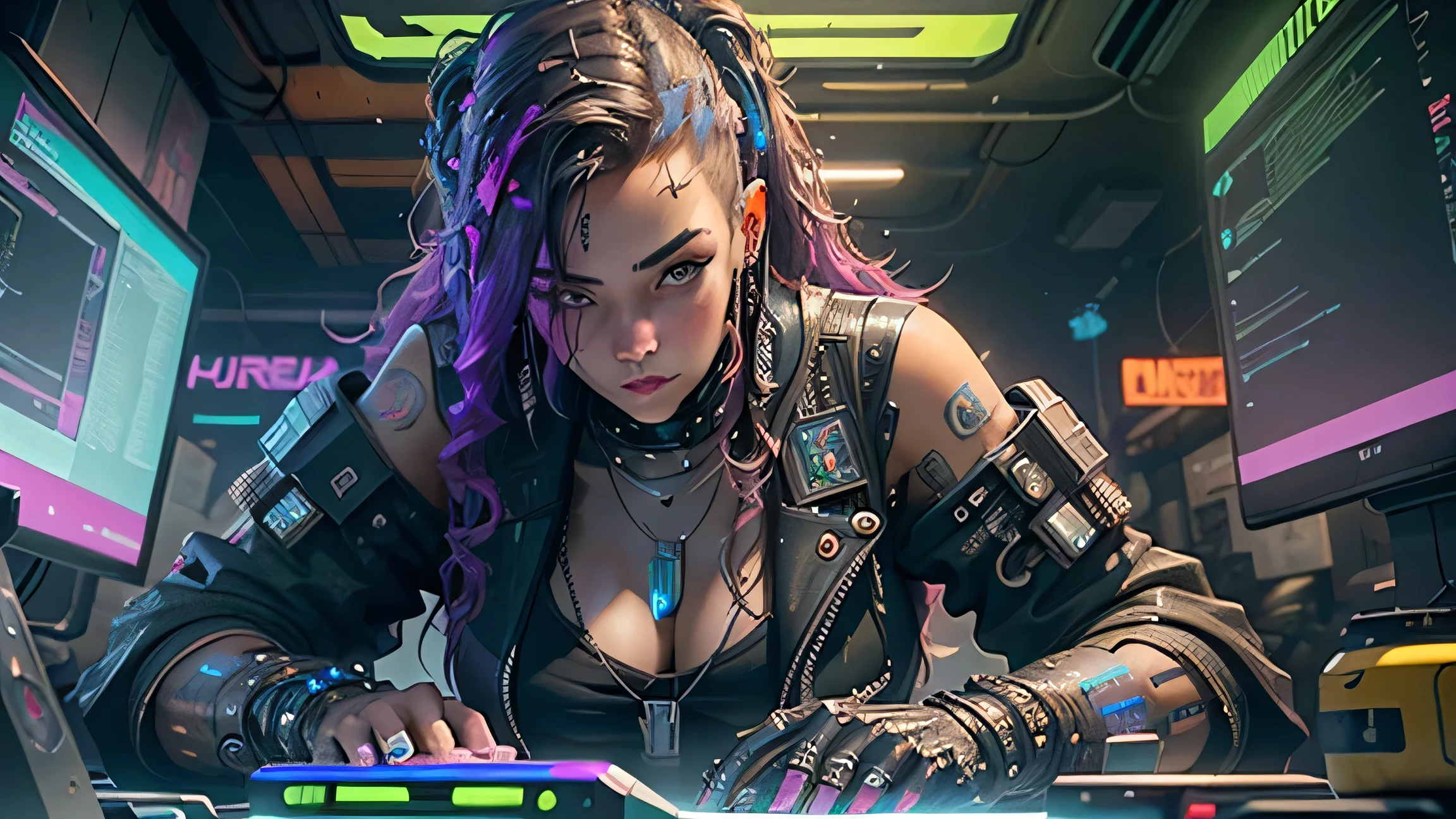 ((Best quality)), ((masterpiece)), (very detailed:1.3), 3d, Beautiful (cyberpunk:1.3) Female hacker with thick voluminous hair, working at a computer terminal