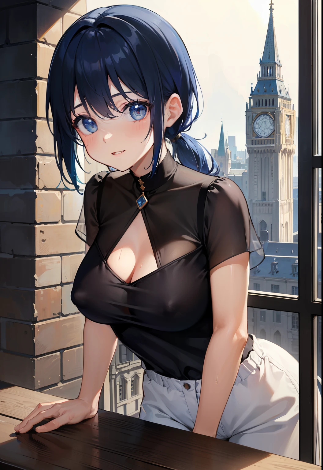 (most high quality), ((masterpiece)), (be familiar with), perfect face, best image quality, masterpiece, 1 woman, ((cute)), 25 years old, vest bust, medium bust, (covered nipples), bust 90, beautiful blue eyes, wide open chest, black hair ponytail, Slender, Blue hair ornament, (transparent short-sleeved shirt:1.3), long pants, smile, silhouette of body, (leaning forward), put her hands behind her back, beautiful art, (( against light from window, wet building, tower)), elaborate design, visual art, Depth of bounds written, best lighting, most detailed, 8ｋ