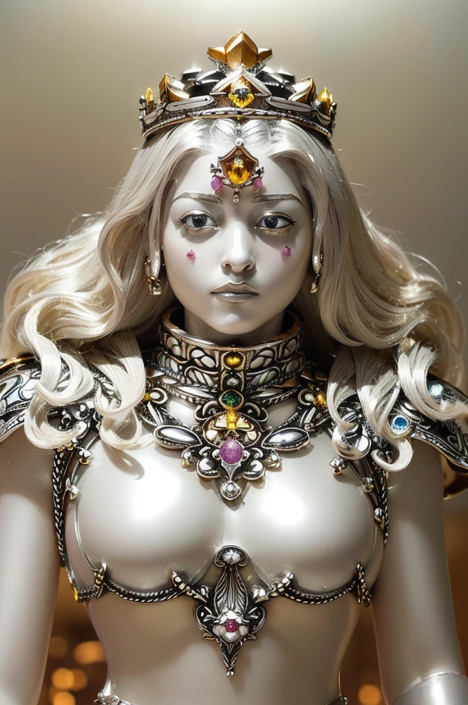 (masterpiece), Professional, top-quality, photos realistic, depth of fields (Gemstone Silver Metal Body:1.9),Matte White, Gold Weapon (Metal:1.4), Gorgeous metal weapons, Detailed Sword of the Brave, Beautiful knife , warhammer 40k, adepta sororitas, Detail and ornate jewel crown, Brown hair, Gangle's forest background, Beautiful Caucasian beauty, 1 person, dynamic ungle, (((Detailed and ornate diamond crown))), Particles of light,