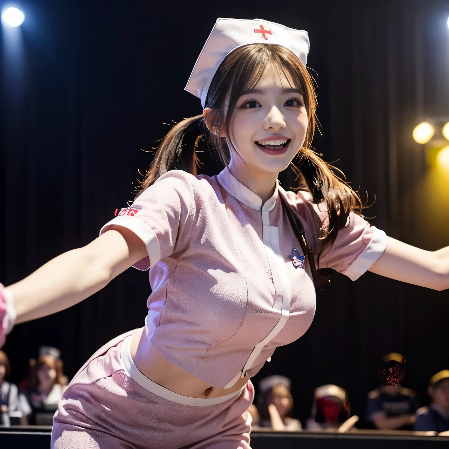 ((masterpiece、highest quality))、shape、Ultra-detailed 8K、realistic、sharp focus、very detailed、professional lighting、colorful details、detailed face、detailed expression、excited look、A young and beautiful Japanese woman is in front of the audience.、((correct anatomy 1.5))、((please open your mouth))、((sweating))、((nurse costume play:1.5)、Part of an idol group、(dancing at a concert:1.5)、twin tails、Hair is moving、looking at camera、Spotlight、18-year-old、shine、intricate details、Shitsumeka、belly button、smile