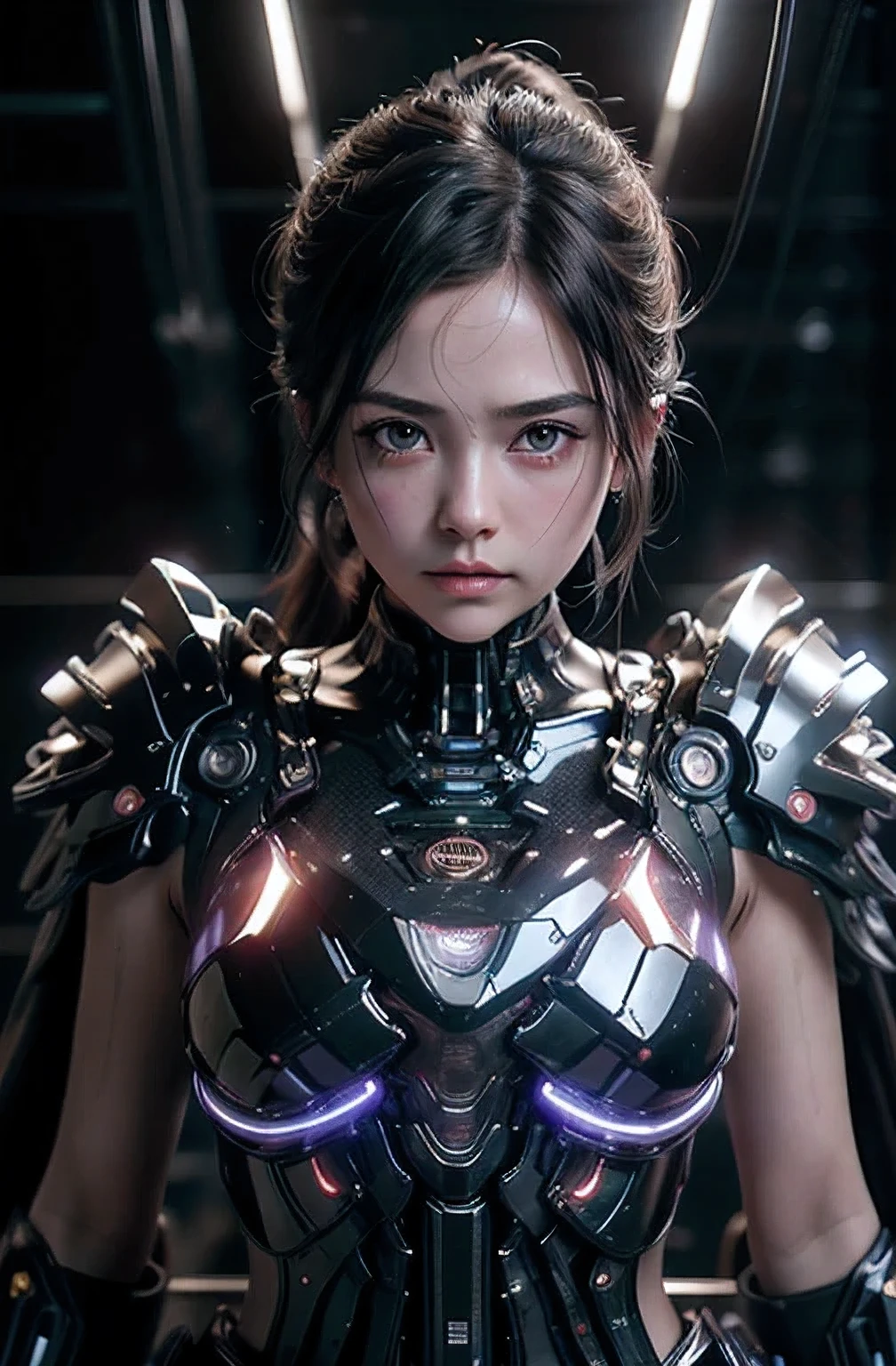 highest quality、masterpiece、ultra high resolution、(photo-realistic:1.4)、Raw photo、1 girl、black hair、glowing skin、cyberpunk suit、((Super realistic details))、Portrait、global illumination、Shadow、octane rendering、In 8K、super sharp、、Raw skin exposed in cleavage、Metal、intricate decorative details、Gothic Lolita details、Luminous tube、very intricate details、realistic light、CG Society Trends、purple eyes、shining eyes、towards the camera、neon detailechanical limbechanical vertebrae attached to the back of the blood vessels connected to the tubes、cervical vertebrae mechanically attached to the neck、sit on top、Wires and cables connecting to the head、small led lamp、The background is a futuristic server room、