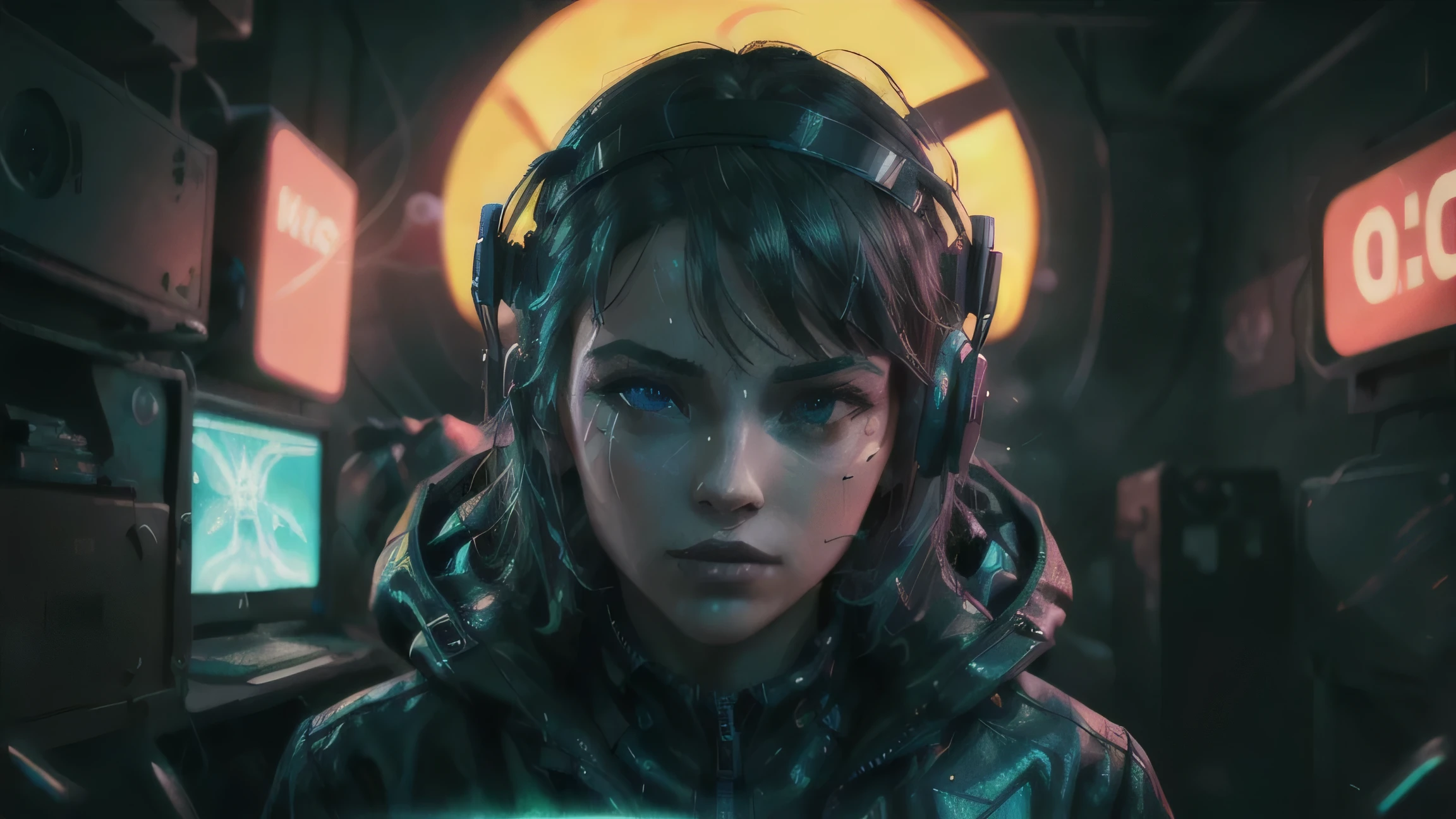 ((Best quality)), ((masterpiece)), (very detailed:1.3), 3d,NeonBlack, Beautiful Cyberpunk Woman,(wear a head-mounted display, massive and high-tech:1.2),wear a raincoat,computer terminal hacking,PURPLE NEON MONITOR LIGHT, GREEN NEON SIGNS ON THE WALL,