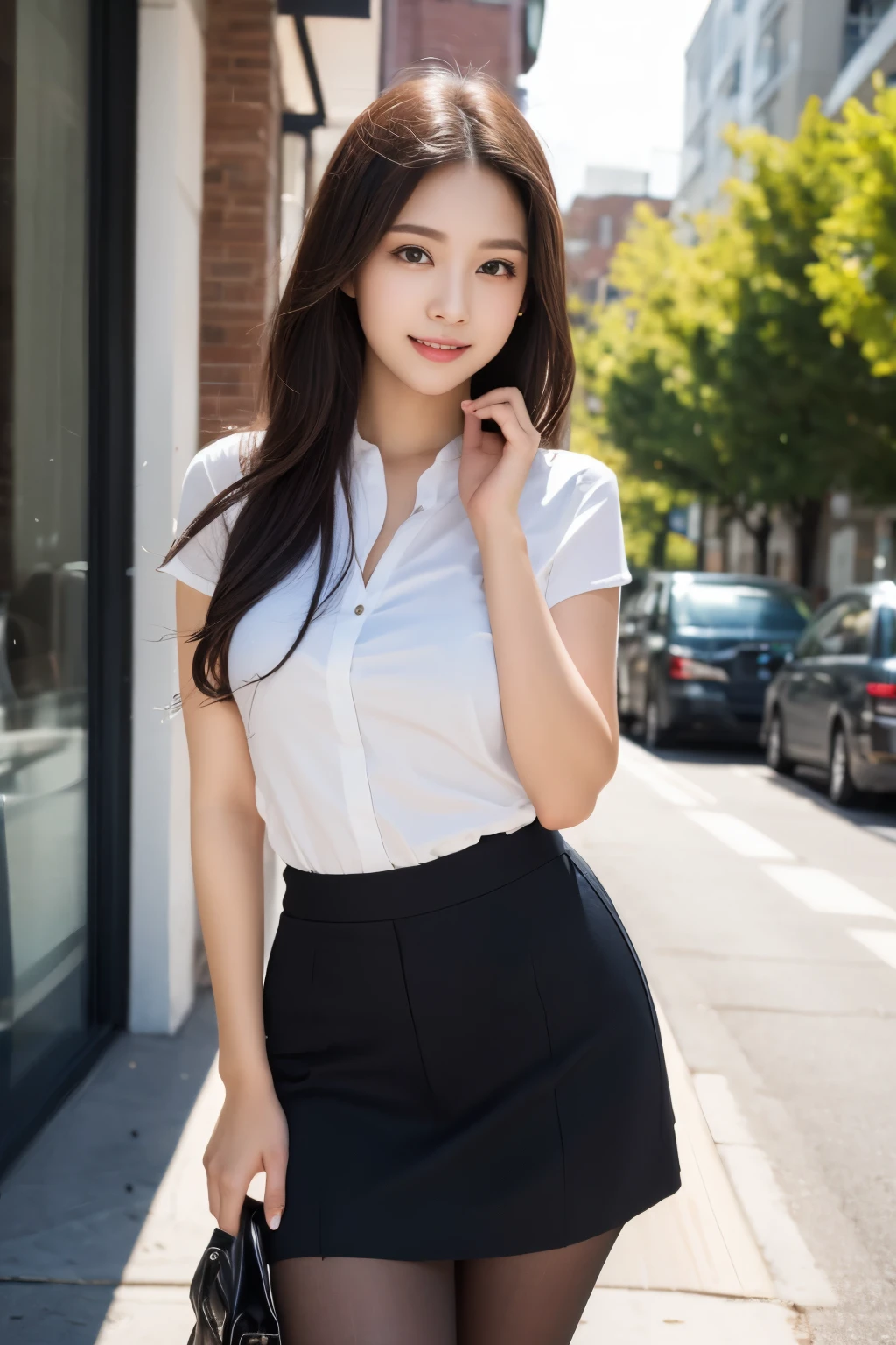 ulzzang-6500-v1.1, (Raw photo:1.2), (Photoreal),(genuine: 1.4), (muste piece), highest quality, figure, Super detailed, finely, High resolution, 8k wallpaper, 完璧なダイナミックな構figure, detailed and beautiful eyes, ladies business fashion, harsh trial, super realistic pantyhose:1.2, skirt and thick medium hair,, natural color lip, bold sexy pose,smile, case、23 year old girl、cute、sexy shot looking at camera, realistic skin texture、shiny skin、exposed thighs!!!