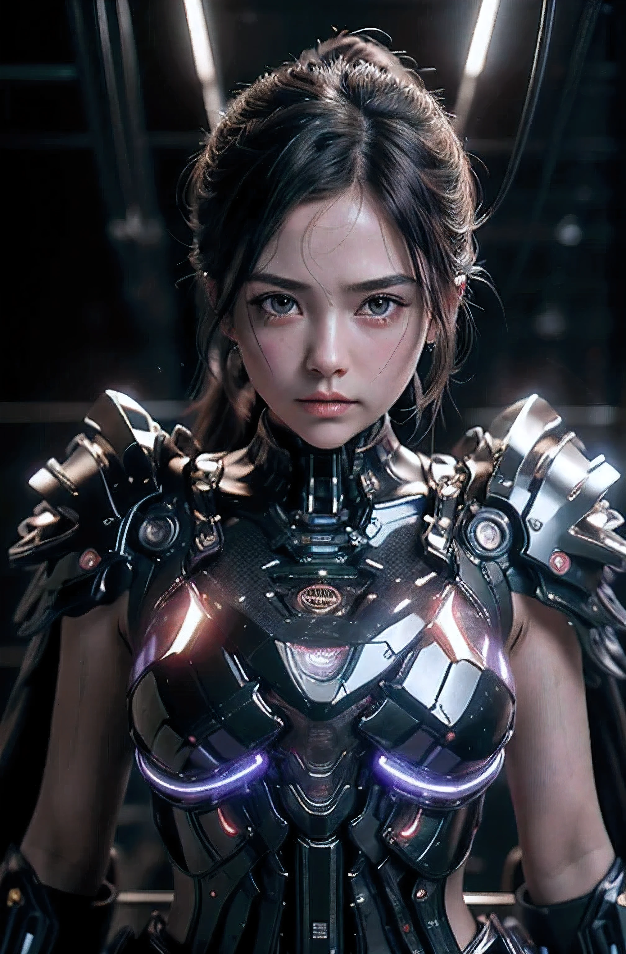 highest quality、masterpiece、ultra high resolution、(photo-realistic:1.4)、Raw photo、1 girl、black hair、glowing skin、cyberpunk suit、((Super realistic details))、Portrait、global illumination、Shadow、octane rendering、In 8K、super sharp、、Raw skin exposed in cleavage、Metal、intricate decorative details、Gothic Lolita details、Luminous tube、very intricate details、realistic light、CG Society Trends、purple eyes、shining eyes、towards the camera、neon detailechanical limbechanical vertebrae attached to the back of the blood vessels connected to the tubes、cervical vertebrae mechanically attached to the neck、sit on top、Wires and cables connecting to the head、small led lamp、The background is a futuristic server room、