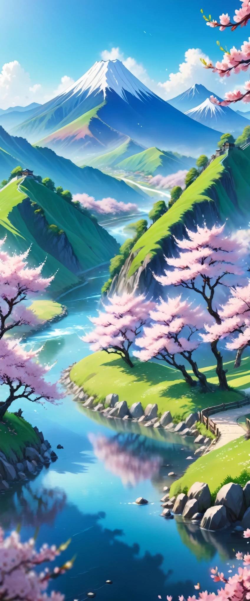 (anime landscape,peaceful,beautiful,4k,highest quality),vivid colors,soft lighting,ethereal atmosphere,tranquil scene,sakura blossoms,rolling hills,majestic mountains,serene river,clear blue sky,magical elements,harmonious composition,serenity,mesmerizing details,masterpiece:1.2