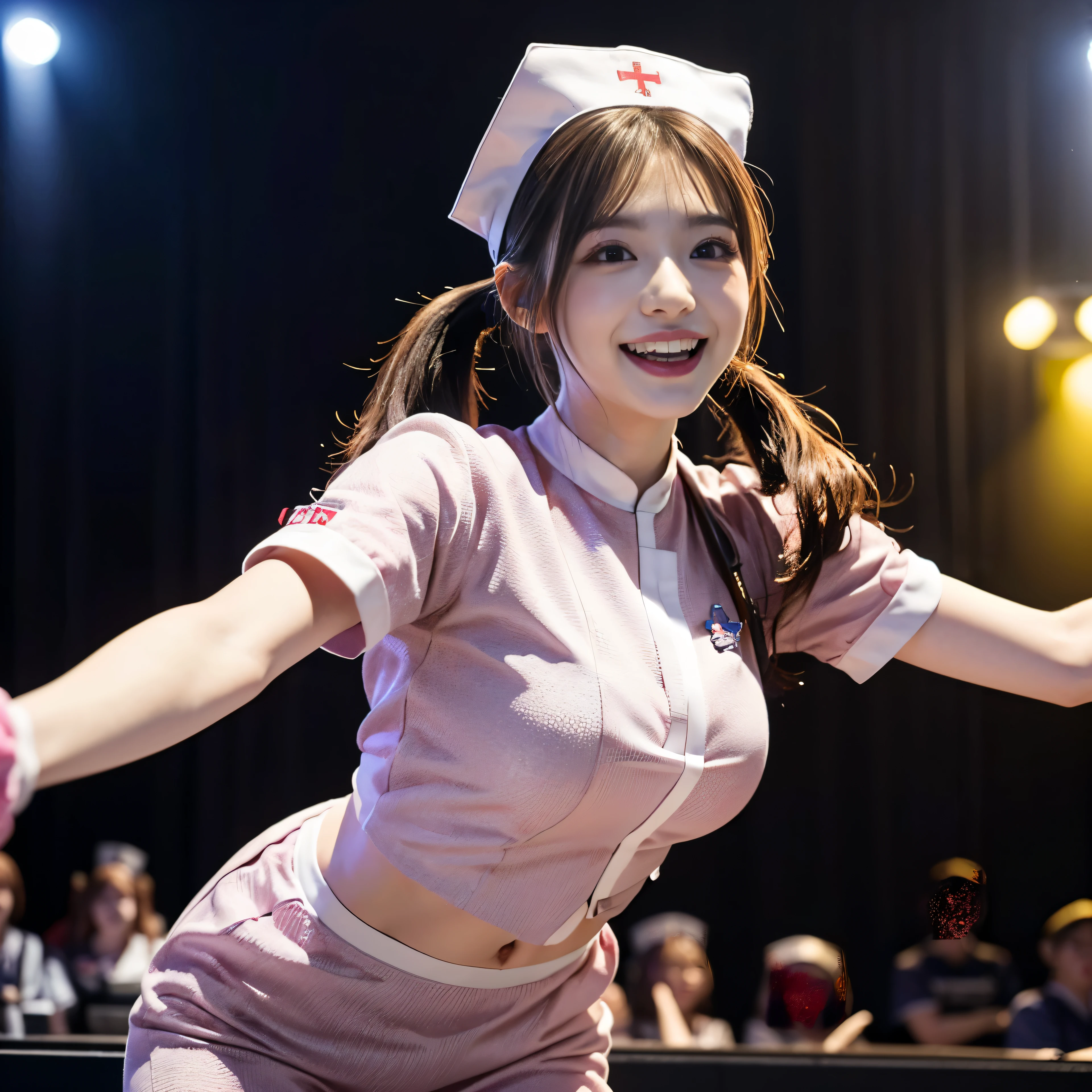 ((masterpiece、highest quality))、shape、Ultra-detailed 8K、realistic、sharp focus、very detailed、professional lighting、colorful details、detailed face、detailed expression、excited look、A young and beautiful Japanese woman is in front of the audience.、((correct anatomy 1.5))、((please open your mouth))、((sweating))、((nurse costume play:1.5)、Part of an idol group、(dancing at a concert:1.5)、twin tails、Hair is moving、looking at camera、Spotlight、18-year-old、shine、intricate details、Shitsumeka、belly button、smile