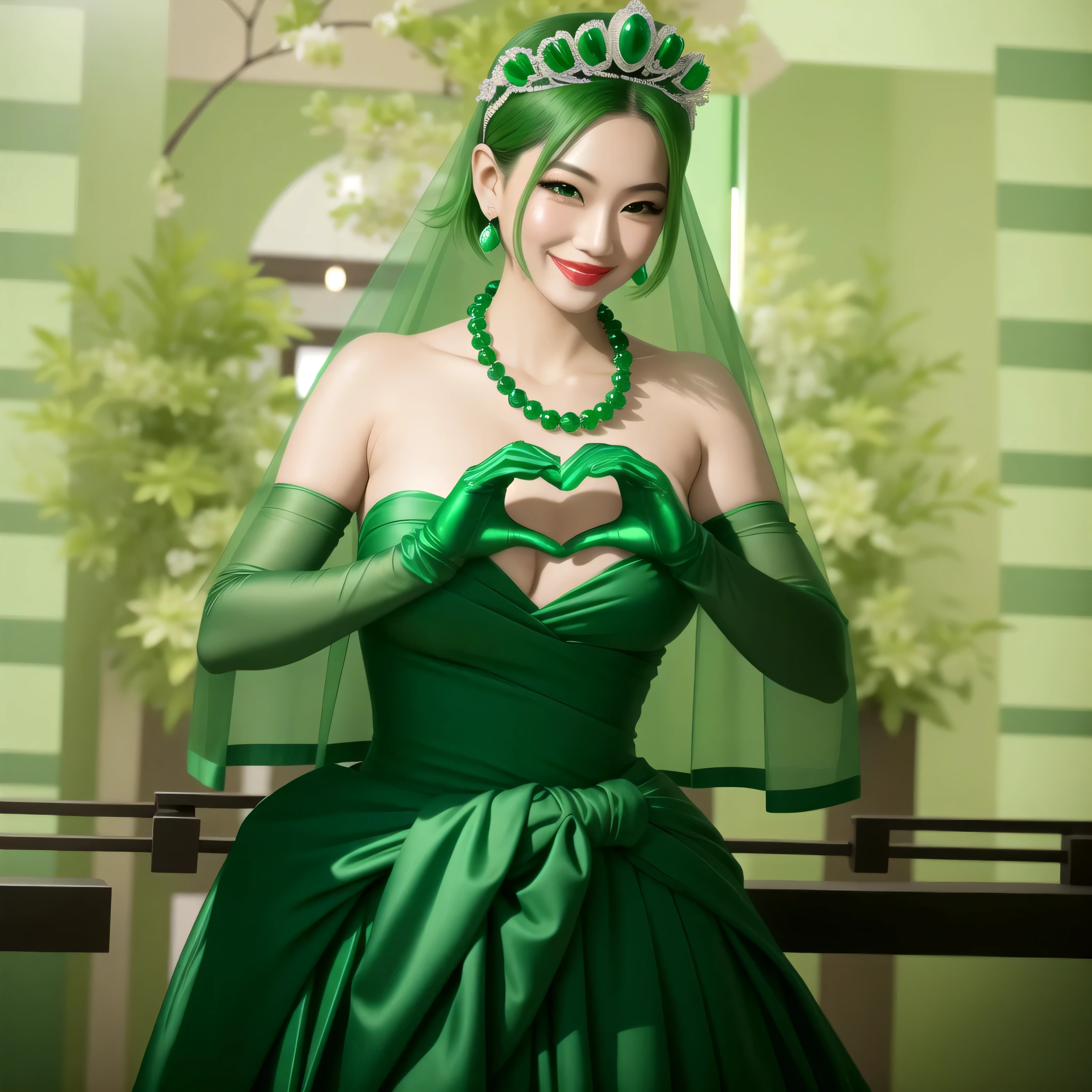 emerald tiara, green pearl necklace, boyish very short green hair, green lips, smiling Japanese woman, very short hair, Beautiful woman with big breasts, green eyes, green satin long gloves, green eyes, emerald earrings, green veil, Heart with both hands, green hair, beautiful japanese woman, heart shaped hands:1.3, green lip gloss