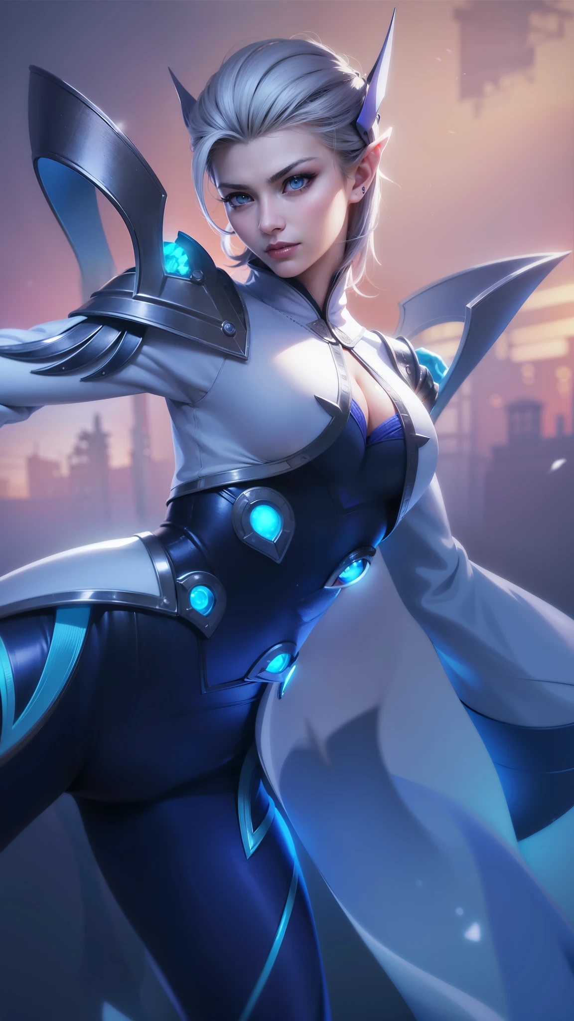 (female:1.2), 8k, ultra hd, ultra detailed texture, hyper realistic, masterpiece, detailed texture, detailed face, detailed skin, detailed lighting, (photorealistic:1.5), best quality, beautiful lighting, cinematic lighting, professional lighting, ultra highres, realistic, detailed hair, real hair, high quality, (realskin:1.5), extremely detailed, finely detail, ultra-detailed, 1girl, solo, floating, (blue eyes), glowing eyes, black lips, v-shapped eyes, closed mouth, angry, colored skin, dark skin, purple skin, nose, pretty, beautiful, make up, evil smile, short hair, white hair bangs, large breasts, thigh, pauldrons, black pants, belt, purple coat, mechanical wings, armor shoulder, gloves, eudora \(mobile legends\), depth of field, looking aways, skin tight, amazing pose, glowing electric, lighting, cinematic background, elf ears.