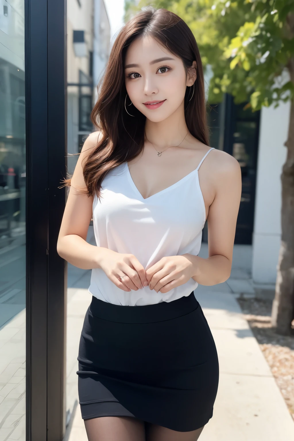 ulzzang-6500-v1.1, (Raw photo:1.2), (Photoreal),(genuine: 1.4), (muste piece), highest quality, figure, Super detailed, finely, High resolution, 8k wallpaper, 完璧なダイナミックな構figure, detailed and beautiful eyes, ladies business fashion, harsh trial, super realistic pantyhose:1.2, skirt and thick medium hair,, natural color lip, bold sexy pose,smile, case、23 year old girl、cute、sexy shot looking at camera, realistic skin texture、shiny skin、exposed thighs!!!