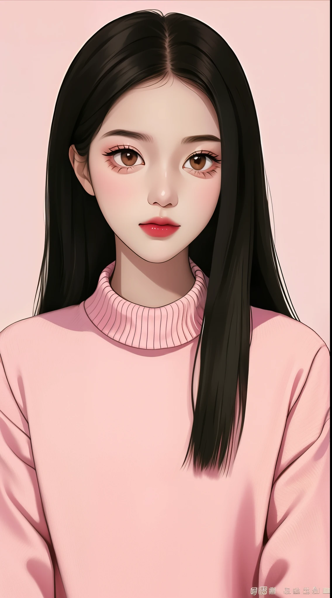Girl, long black hair, brown eyes, sharp features, white skin, pink lips, soft and delicate, red sweater.