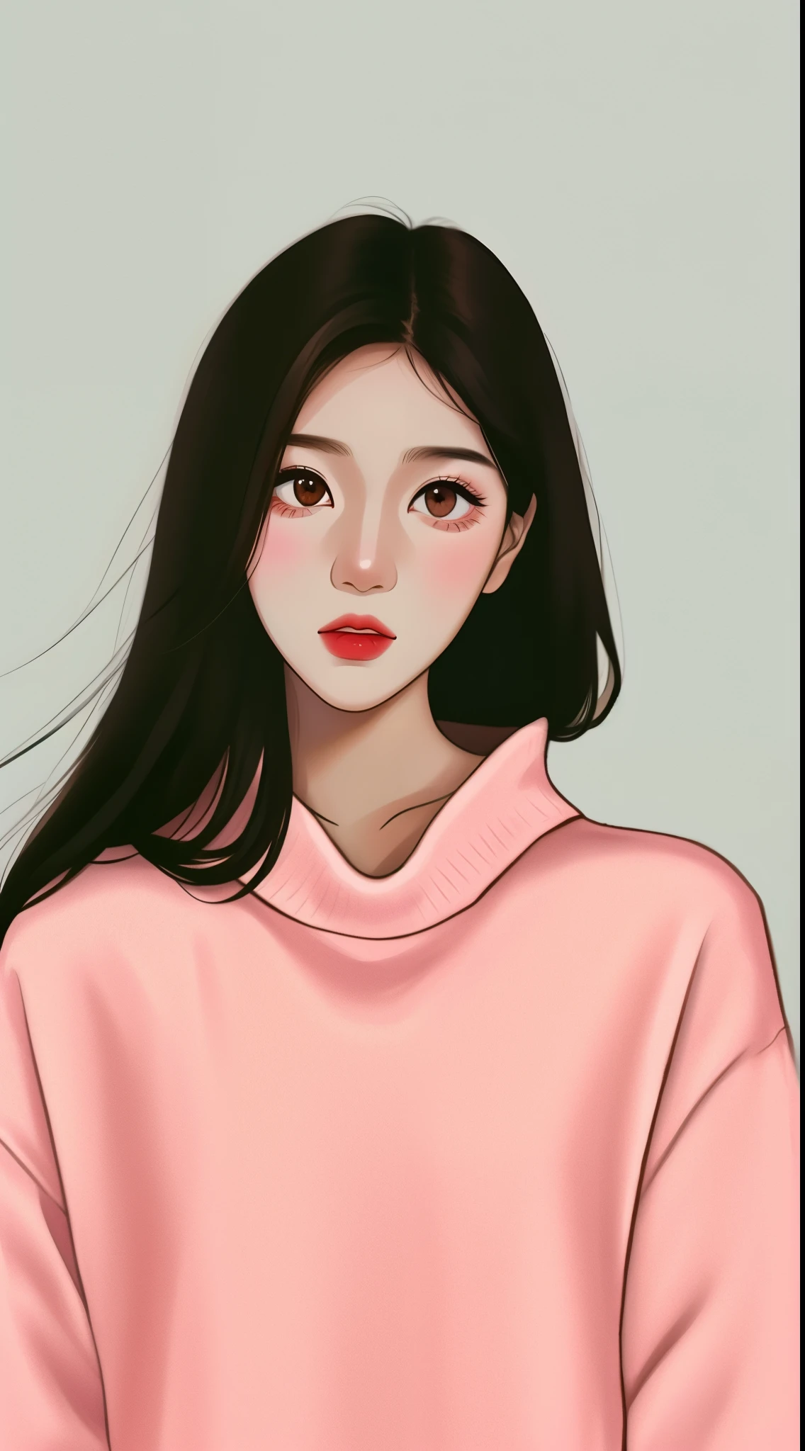 Girl, long black hair, brown eyes, sharp features, white skin, pink lips, soft and delicate, red sweater.