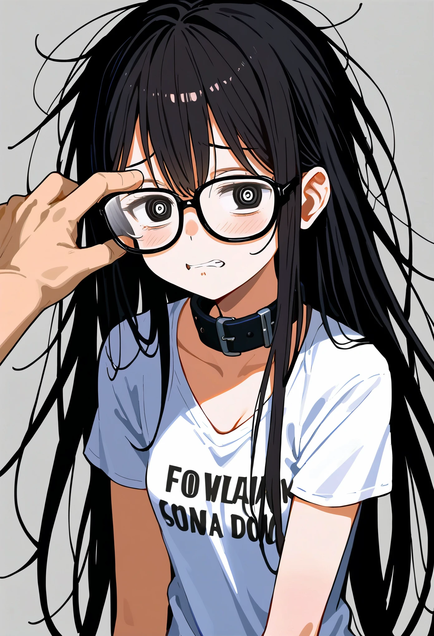 (masterpiece), best quality, expressive eyes, high resolution, anatomically correct, 1 girl, perfect face, perfect hands, woman, pale, Glasses, messy hair, black hair, Very long hair, black eyes, Glasses, weak, fatigue的, small breasts, graphic t-shirt, Gothicic, emotional, Gothic, left shoulder bare, perforation, ear perforation, lip perforation, fatigue, bags under eyes, sore, Dazed eyes, Poker face, weak, crazy face, crazy eyes, Scan your bangs, collar, permanent, frightened, Shock, nervous, emphasize, black hair, black eyes, black jacket,
