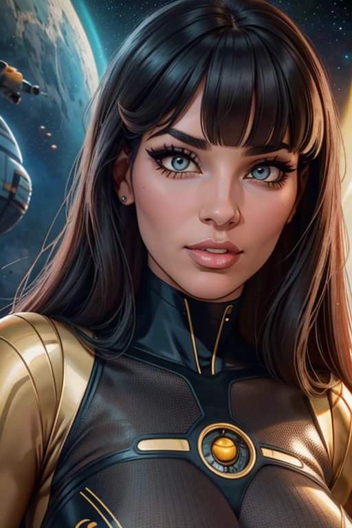 Best quality, 8K, woman space retro futurism, beautiful and detailed face, black straight long hair, bangs,big eyelashes,LOOKING TO observer,LIGHT TAN bodystocking, sci-fi RETRO SPACESHIP scenario