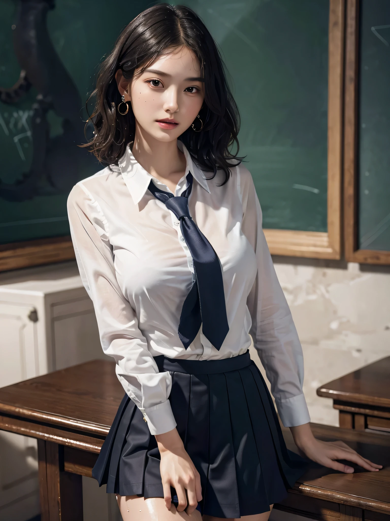 absurdres, RAW photo, extremely delicate and beautiful, masterpiece, Best Quality, ultra high resolution, 32k, hyperrealistic, ultra-detailed, perfect anatomy, perfect figure, super Detailed skin, Very detailed CG 8k wallpaper, in her 30s, very Slim body, narrow waist, very small head, very small face, delicate facial features, tearful mole, earring, thin legs, (very huge round breasts:1.2), full body shot, 1 girls, short hair, (wavy hair:1.2), (wet clothes:1.1), (school uniform:1.2), skirt, tie, (dress shirt:1.1),