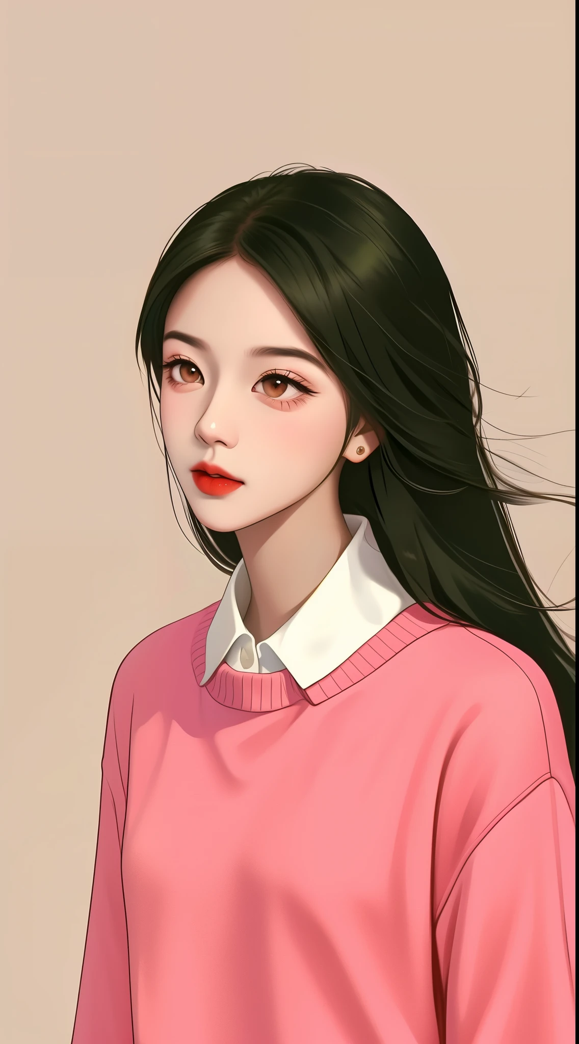 Girl, long black hair, brown eyes, sharp features, white skin, pink lips, soft and delicate, red sweater.