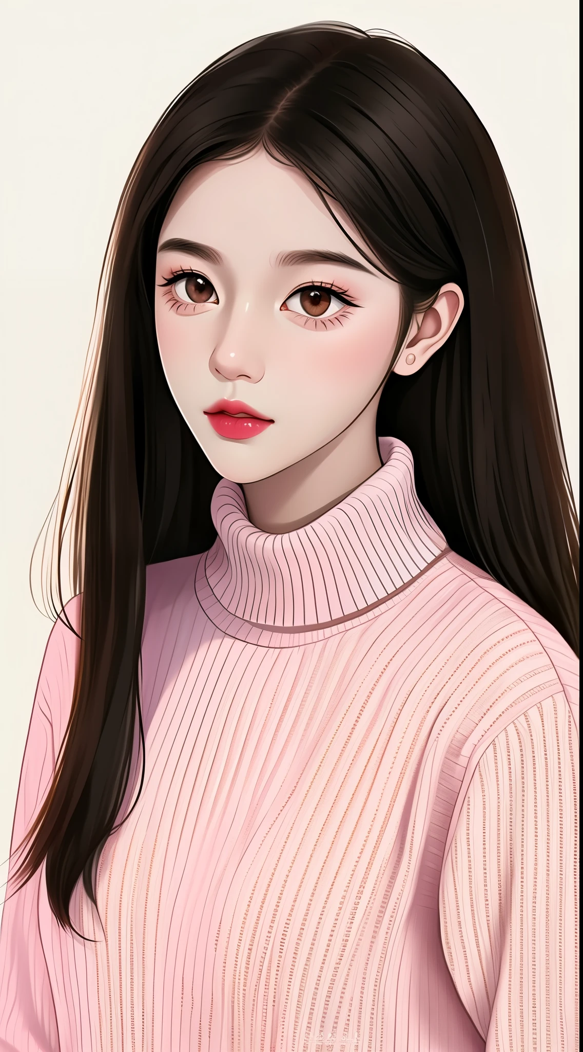 Girl, long black hair, brown eyes, sharp features, white skin, pink lips, soft and delicate, red sweater.