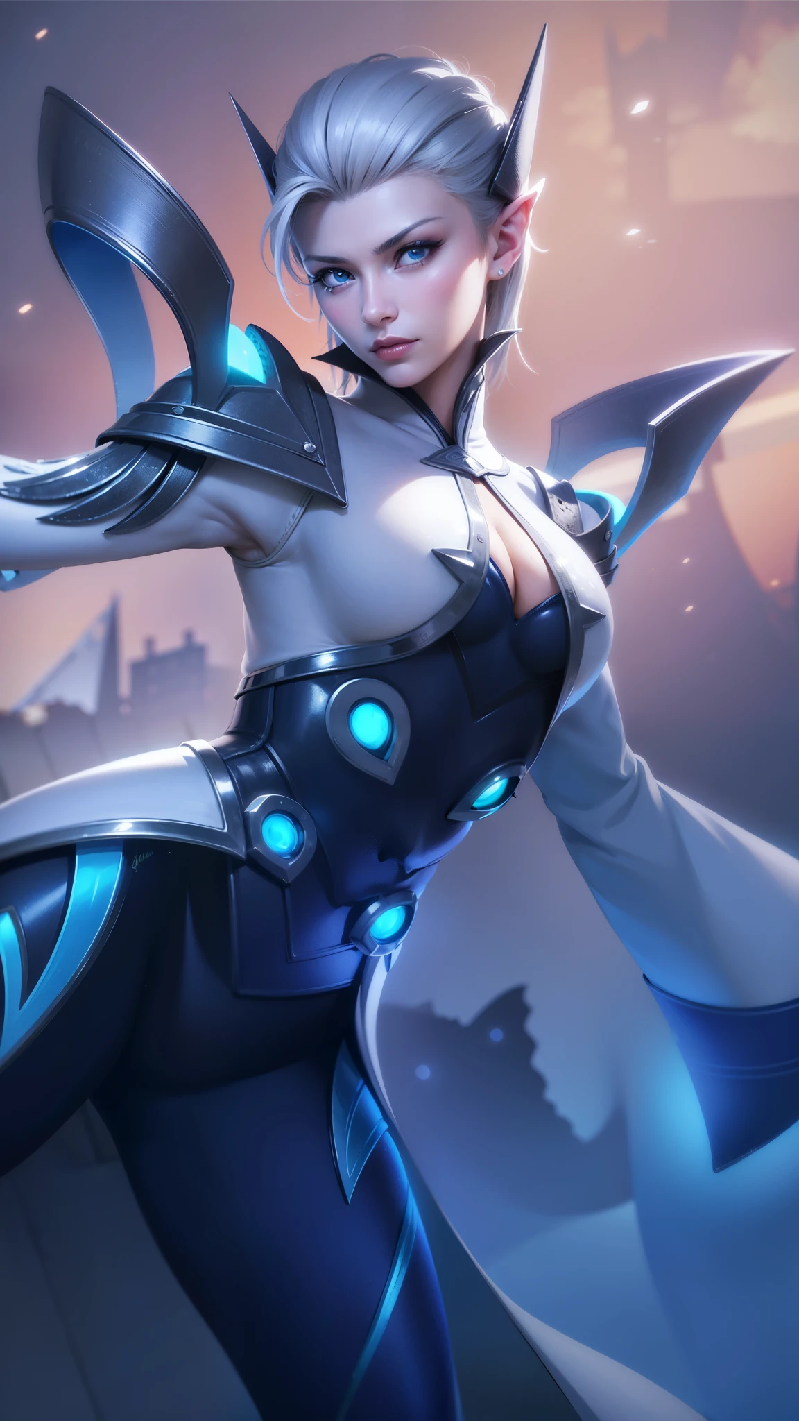 (female:1.2), 8k, ultra hd, ultra detailed texture, hyper realistic, masterpiece, detailed texture, detailed face, detailed skin, detailed lighting, (photorealistic:1.5), best quality, beautiful lighting, cinematic lighting, professional lighting, ultra highres, realistic, detailed hair, real hair, high quality, (realskin:1.5), extremely detailed, finely detail, ultra-detailed, 1girl, solo, floating, (blue eyes), glowing eyes, black lips, v-shapped eyes, closed mouth, angry, colored skin, dark skin, purple skin, nose, pretty, beautiful, make up, evil smile, short hair, white hair bangs, large breasts, thigh, pauldrons, black pants, belt, purple coat, mechanical wings, armor shoulder, gloves, eudora \(mobile legends\), depth of field, looking aways, skin tight, amazing pose, glowing electric, lighting, cinematic background, elf ears.