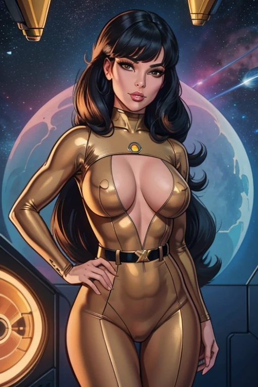 Best quality, 8K, woman space retro futurism, beautiful and detailed face, black straight long hair, bangs,big eyelashes,LOOKING TO observer,LIGHT TAN bodystocking, gold belt,sci-fi RETRO SPACESHIP scenario