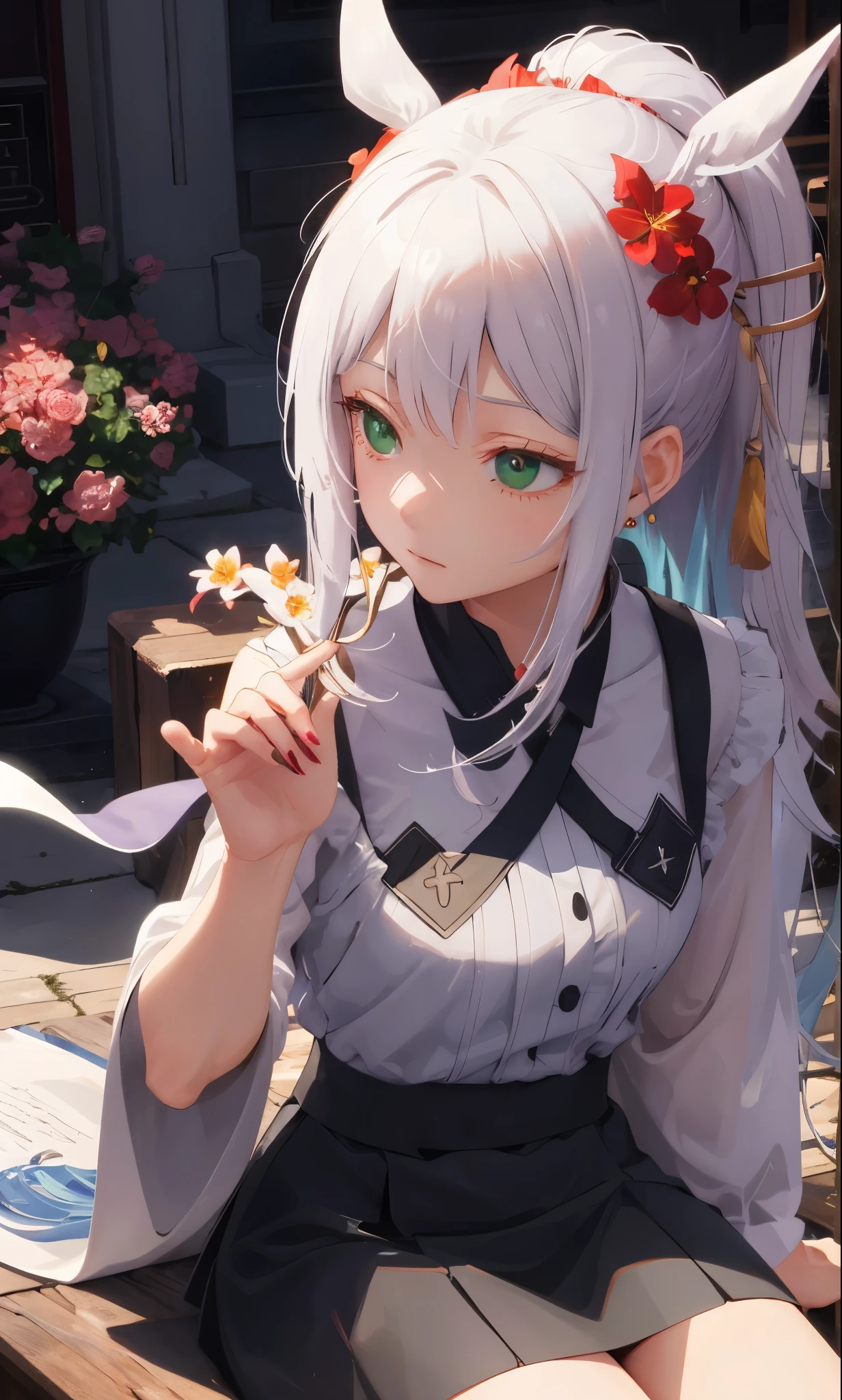Close-up of a woman in a skirt sitting on a bench, Woman with long hair，Double ponytail hairstyle，Mature face，wearing a flower on head，Put one hand on the stool，one hand raised，There are flowers on the waist，Chinese hairpin hair，green eyes，Excellent ，There is jewelry on the clothes，a distant face，cold eyes，cold expression，half closed eyes，beautiful figure，high detail浮世绘，Surreal and dreamy，high detail，Gu Rui&#39;Art style，Each of the five functions has its own characteristics，3d reality，Anime Art Wallpaper 4k