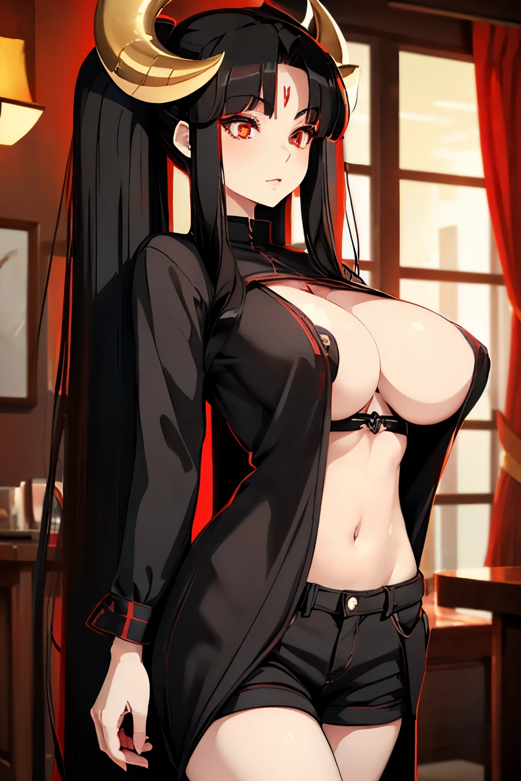 (masterpiece, best quality, detailed illustration, high resolution), ((1girl, solo)), ((huge breasts, large breasts, slim waist, long legs, fit body, toned body)), ((full body, closeup view)), ((standing)), ((looking at the viewer, facing the viewer)), office setting, ((pale white skin)), oiled skin, ((large breasts, mature woman, mature female, mature lady)), (detailed eyes, good eyes, better eyes), ((standing)), (black hair, twintails), ((casual clothes)), (red eyes), (massive breasts), (horns), (long hair), (succubus), (fetish wear)
