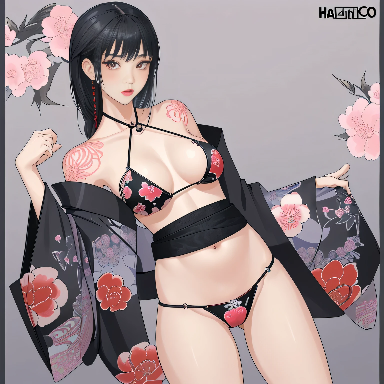 japanese 18 years old , tatuajes en el cuerpo, hermosa, rostro detallado, cuerpo completo, kimono, bikini negro, pechos grandes, nalgas grandes, lasiva, exhibiendo su trasero