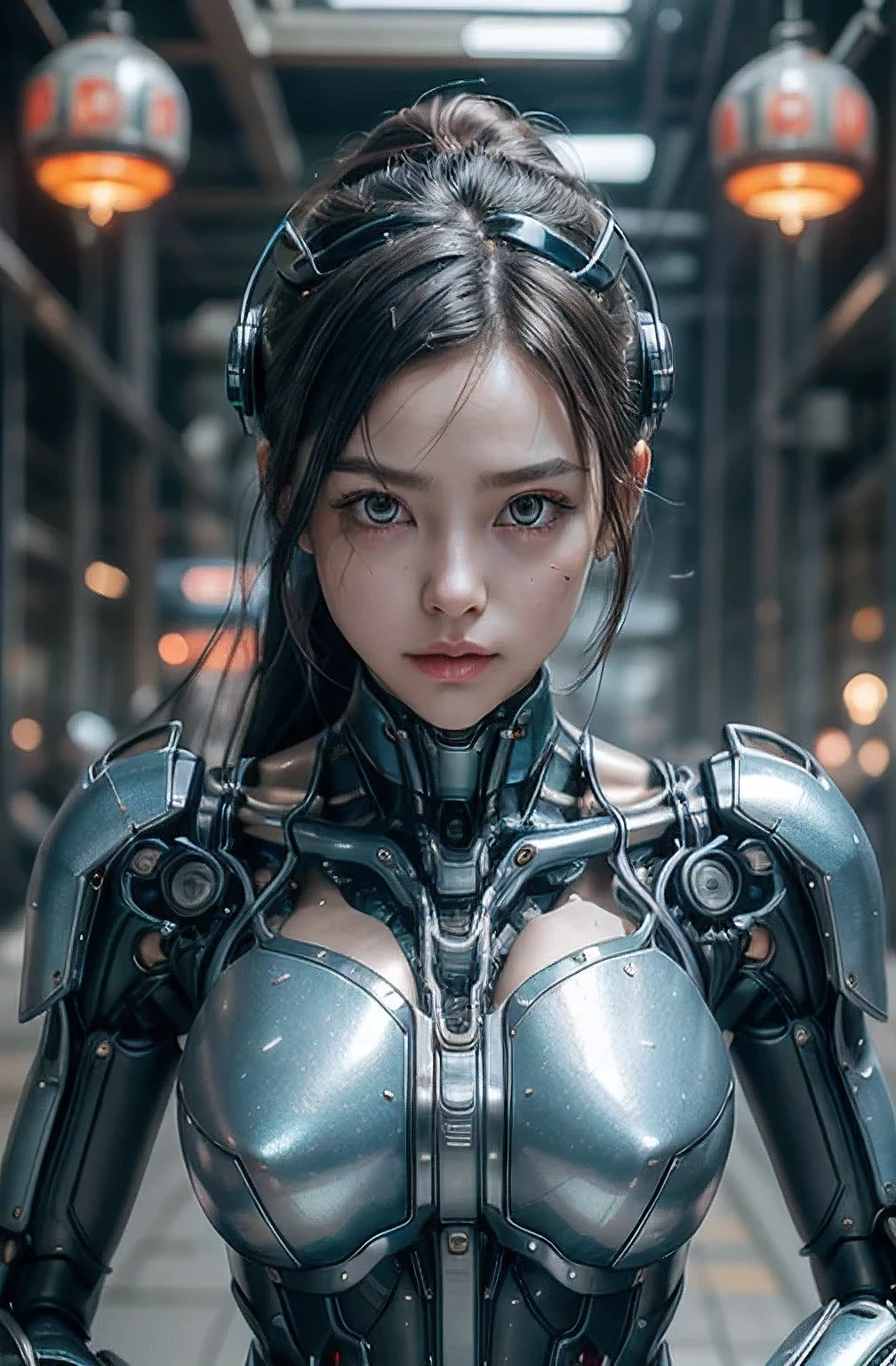 highest quality、masterpiece、ultra high resolution、(photo-realistic:1.4)、Raw photo、1 girl、black hair、glowing skin、cyberpunk suit、((Super realistic details))、Portrait、global illumination、Shadow、octane rendering、In 8K、super sharp、、Raw skin exposed in cleavage、Metal、intricate decorative details、Gothic Lolita details、Luminous tube、very intricate details、realistic light、CG Society Trends、purple eyes、shining eyes、towards the camera、neon detailechanical limbechanical vertebrae attached to the back of the blood vessels connected to the tubes、cervical vertebrae mechanically attached to the neck、sit on top、Wires and cables connecting to the head、small led lamp、The background is a futuristic server room、best quality, 8k, highres, octan render, (masterpiece:1.2), extremely ultra detail, cyborgized beautiful Japanese woman, , skinny body, flat chest,  (blue metallic mechanical frame:1.5), (Power cables connected throughout the body), detaile up, Instead of hair, there are cables growing out of it, mechanical fusion, mechanical skeleton, bio mechanics, mechanical life-form, extremely ultra real texture, human-like skin, realistic hair, realistic metal texture, professional lighting, (realistic:1.4), (RAW photo:1.2), (photorealistic:1.5)