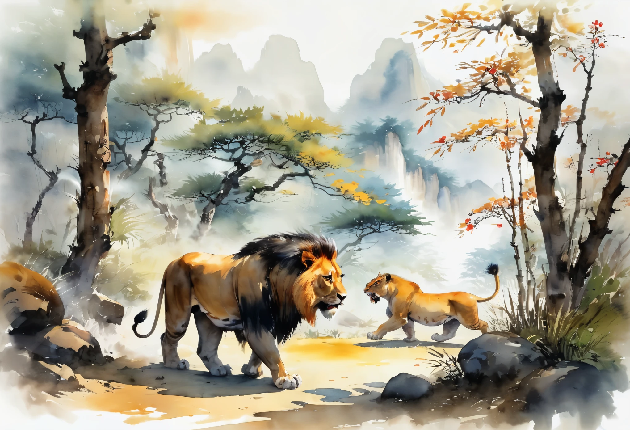 primitive在与狮子搏斗,primitive,savage,Prehistoric humans,(使用torch:1.3)fire light,drive away wild beasts,forest,plain,wilderness,spear,torch,lion beast, (best quality, masterpiece, representative work, illustration art, watercolor, Super complex and detailed, Chinese painting,8K:1.3) ,