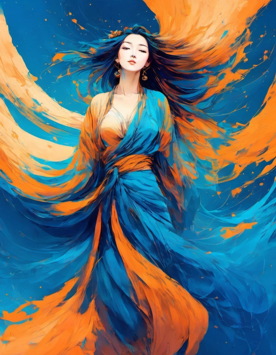 girl，Scriptures，Dunhuang art style illustration，Dunhuang art style，zen，Zen，gradient blue color, blue and orange，fluid movements ，Smooth movement，Show the smoothness of the picture，