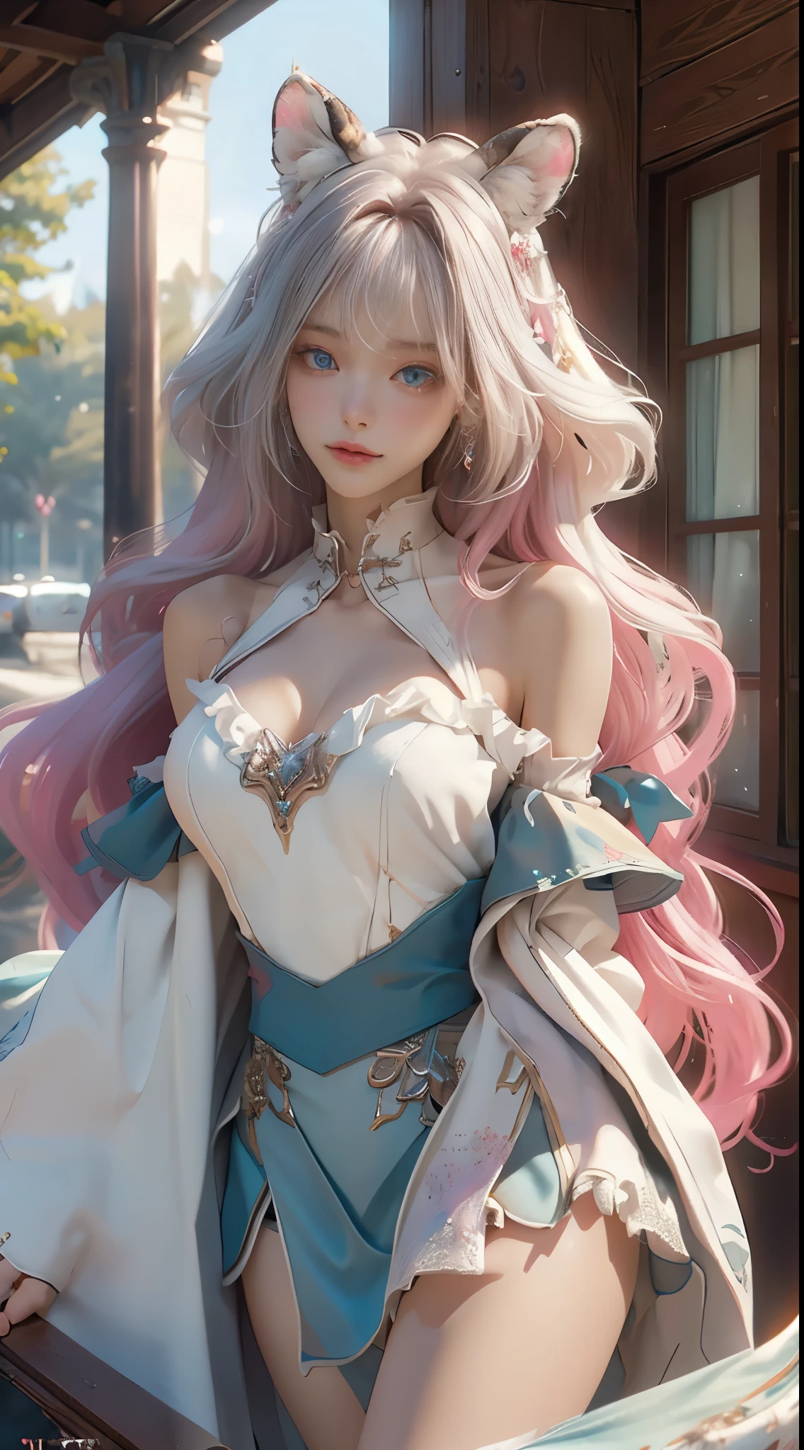 （（best qualtiy））， （（tmasterpiece））， （detail：1.4）， Beautiful cyberpunk female images，hdr（HighDynamicRange），Ray traching，NVIDIA RTX，Hyper-Resolution，illusory 5，sub surface scattering，PBR textures，post-proces，Anisotropy Filtering，depth of fields，maximum definition and sharpness，Many-Layer Textures，Albedo e mapas Speculares，Surface coloring，Mitsu-Accurate simulation of material interactions，perfectly proportioned，rendering by octane，Two-colored light，largeaperture，Low ISO，White balance，Rule three points、8K raw data、Beautiful bright blue pupils，off-the-shoulder clothes，Fine pupils，Delicate face and eyes，long eyelasher，Blushlush，Delicate and fluffy hair，pink lip，Pure，Cute face，Sweet girl，Artistic sense，Casual wear，Advancedsense，butterflys，Cherry blossom petal，Beautiful hair accessories，Long hair and waist，Hair fluttering in the wind，Snow-white fox ears，curlies，Snow-white fluffy tail，Positive light，The light from the back window is backlighted