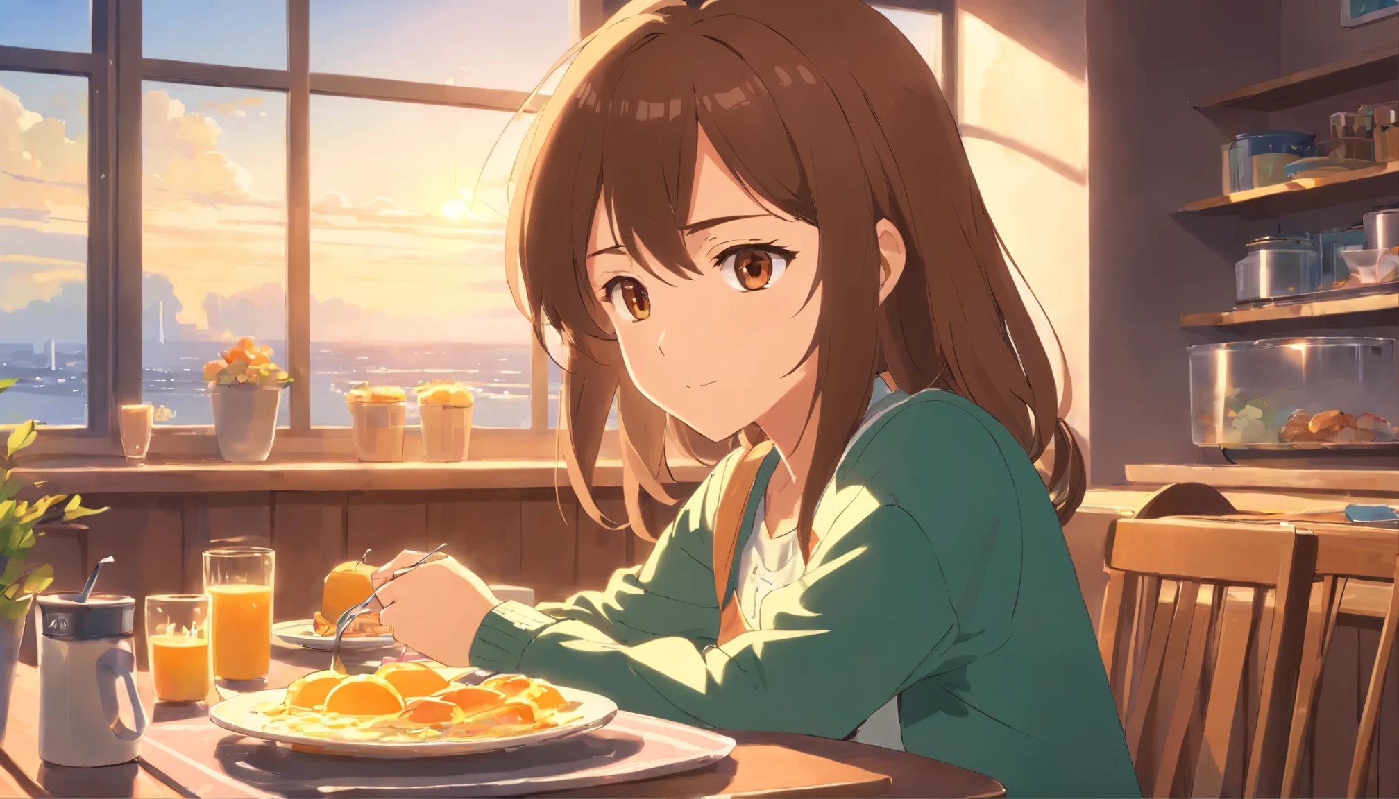 Create illustrations that depict attractive 2D anime scenes: 18 year old girl with long brown hair,brown eyes,Having breakfast at the table