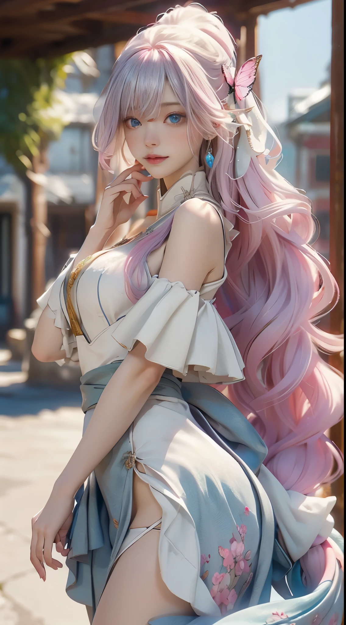 ((best quality)), ((masterpiece)), (detail:1.4), Beautiful cyberpunk female image,high dynamic range(high dynamic range),Ray tracing,NVIDIA RTX,Super resolution,Unreal 5,subsurface scattering,PBR texture,Post-processing,Anisotropic filtration,Depth of field for maximum clarity and sharpness on any layer texture,Albedo and highlight maps,surface coloring,Mitsu - Accurate simulation of material interactions,Perfect proportion,Render by Octane,dichroic light,Large aperture,Low ISO,white balance,Three rules、8K raw data、Beautiful bright blue pupils,off shoulder clothes,excellent student,Exquisite face and eyes,long eyelashes,blush blush,Fine and fluffy hair,pink lips,pure,cute face,sweet girl,Artistic sense,casual wear,Sense of luxury,Butterfly,Sakura petals,beautiful hair accessories,Long hair to waist,hair blowing in the wind,snow white fox ears,curls,snow white furry tail,Masamitsu,The light from the rear window is backlit