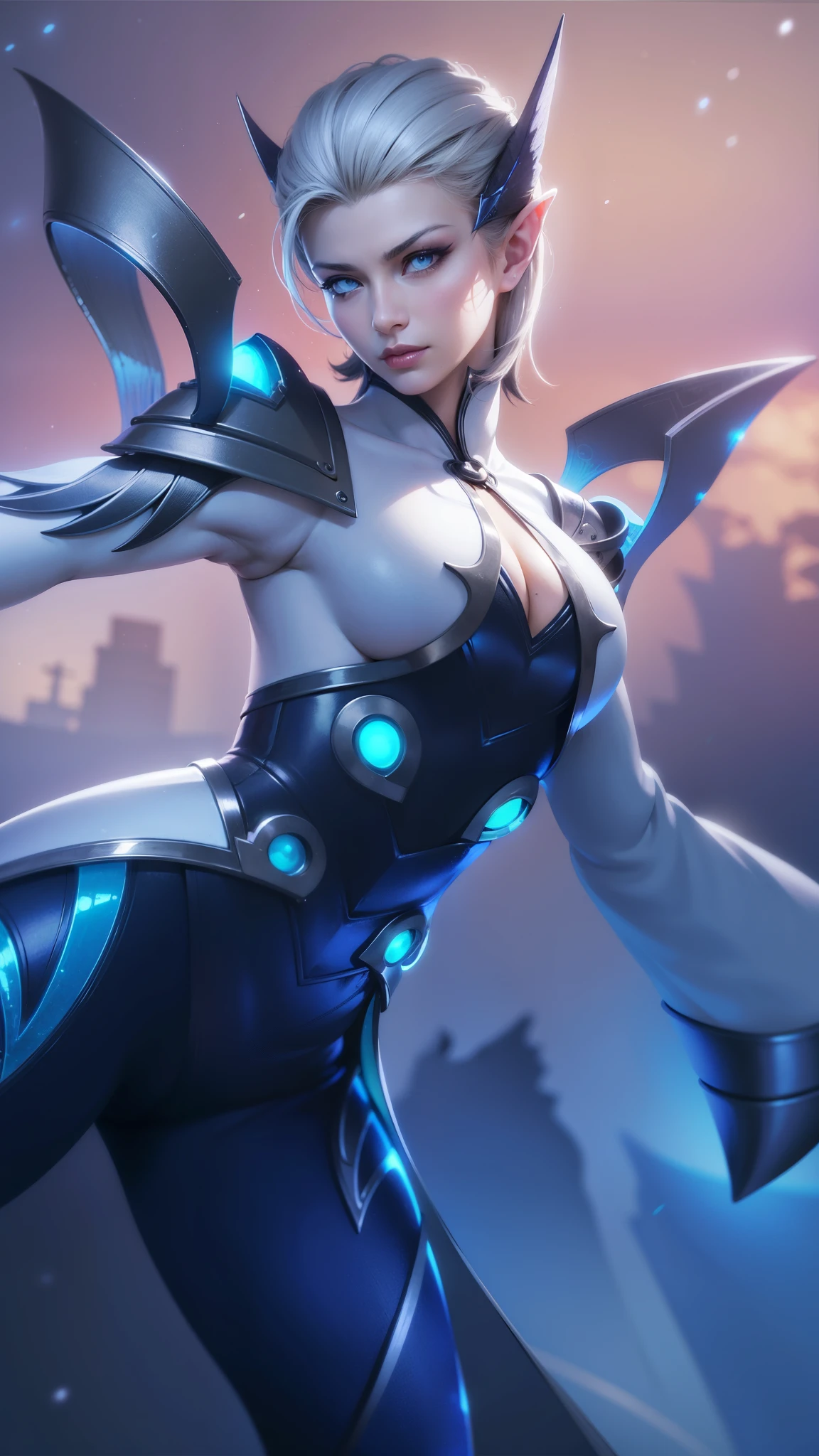 (female:1.2), 8k, ultra hd, ultra detailed texture, hyper realistic, masterpiece, detailed texture, detailed face, detailed skin, detailed lighting, (photorealistic:1.5), best quality, beautiful lighting, cinematic lighting, professional lighting, ultra highres, realistic, detailed hair, real hair, high quality, (realskin:1.5), extremely detailed, finely detail, ultra-detailed, 1girl, solo, floating, (blue eyes), glowing eyes, black lips, v-shapped eyes, closed mouth, angry, colored skin, dark skin, purple skin, nose, pretty, beautiful, make up, evil smile, short hair, white hair bangs, large breasts, thigh, pauldrons, black pants, belt, purple coat, mechanical wings, armor shoulder, gloves, eudora \(mobile legends\), depth of field, looking aways, skin tight, amazing pose, glowing electric, lighting, cinematic background, elf ears.