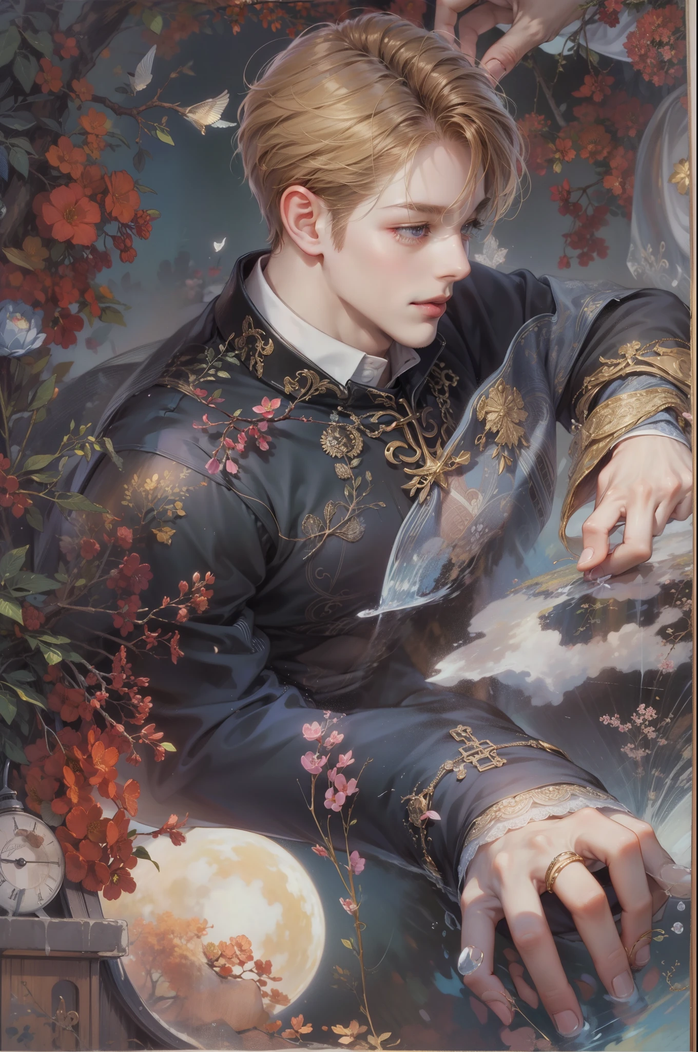 (anime),(cute)(masterpiece), (best quality),boy, upper body,(double exposure:1.2),(simple background:1)