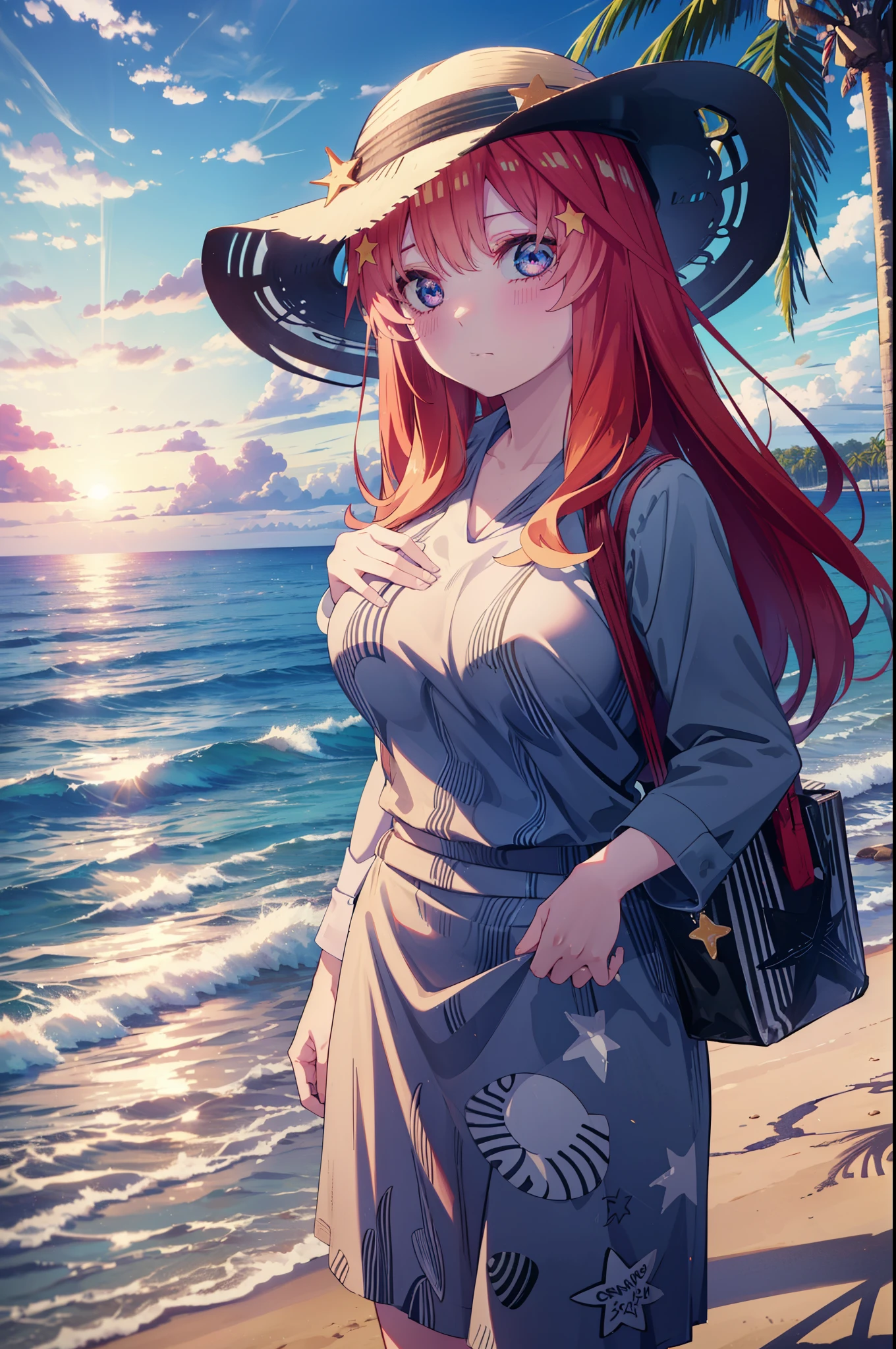 itsukinakano, itsuki nakano, bangs, blue eyes, hair between eyes, Ahoge, redhead, star \(symbol\), hair ornaments, star hair ornaments,big straw hat, (beach salon), (beautiful big breasts:1.3), ((salon)), beach outfit,true summer,Palm tree,
break outdoors, beach,
break looking at viewer, (cowboy shot:1.5),
break (masterpiece:1.2), highest quality, High resolution, unity 8k wallpaper, (figure:0.8), (detailed and beautiful eyes:1.6), highly detailed face, perfect lighting, Very detailed CG, (perfect hands, perfect anatomy),