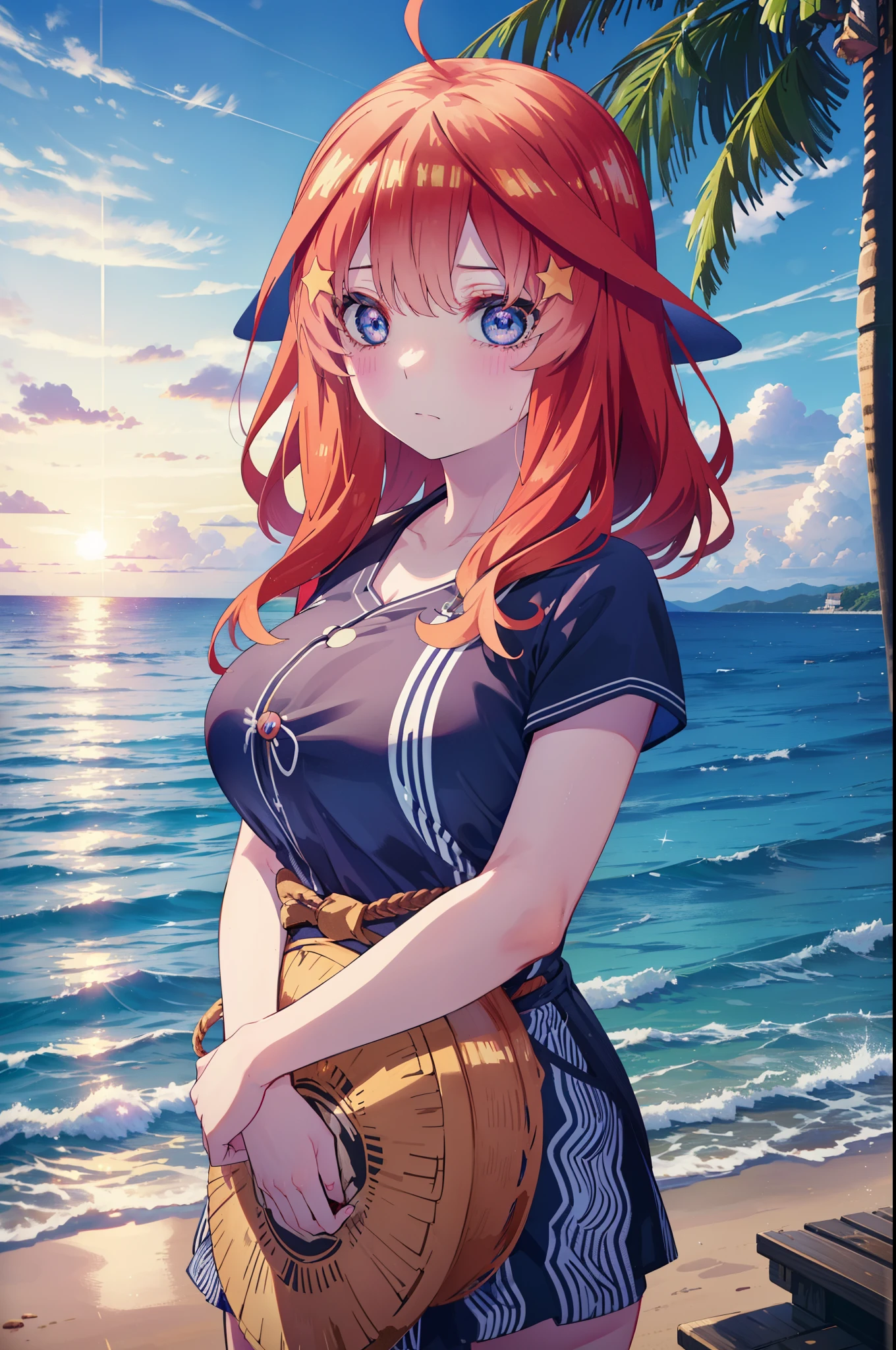 itsukinakano, itsuki nakano, bangs, blue eyes, hair between eyes, Ahoge, redhead, star \(symbol\), hair ornaments, star hair ornaments,big straw hat, (beach salon),  (beautiful big breasts:1.3), ((salon)), beach outfit,true summer,Palm tree,
break outdoors, beach,
break looking at viewer, (cowboy shot:1.5),
break (masterpiece:1.2), highest quality, High resolution, unity 8k wallpaper, (figure:0.8), (detailed and beautiful eyes:1.6), highly detailed face, perfect lighting, Very detailed CG, (perfect hands, perfect anatomy),